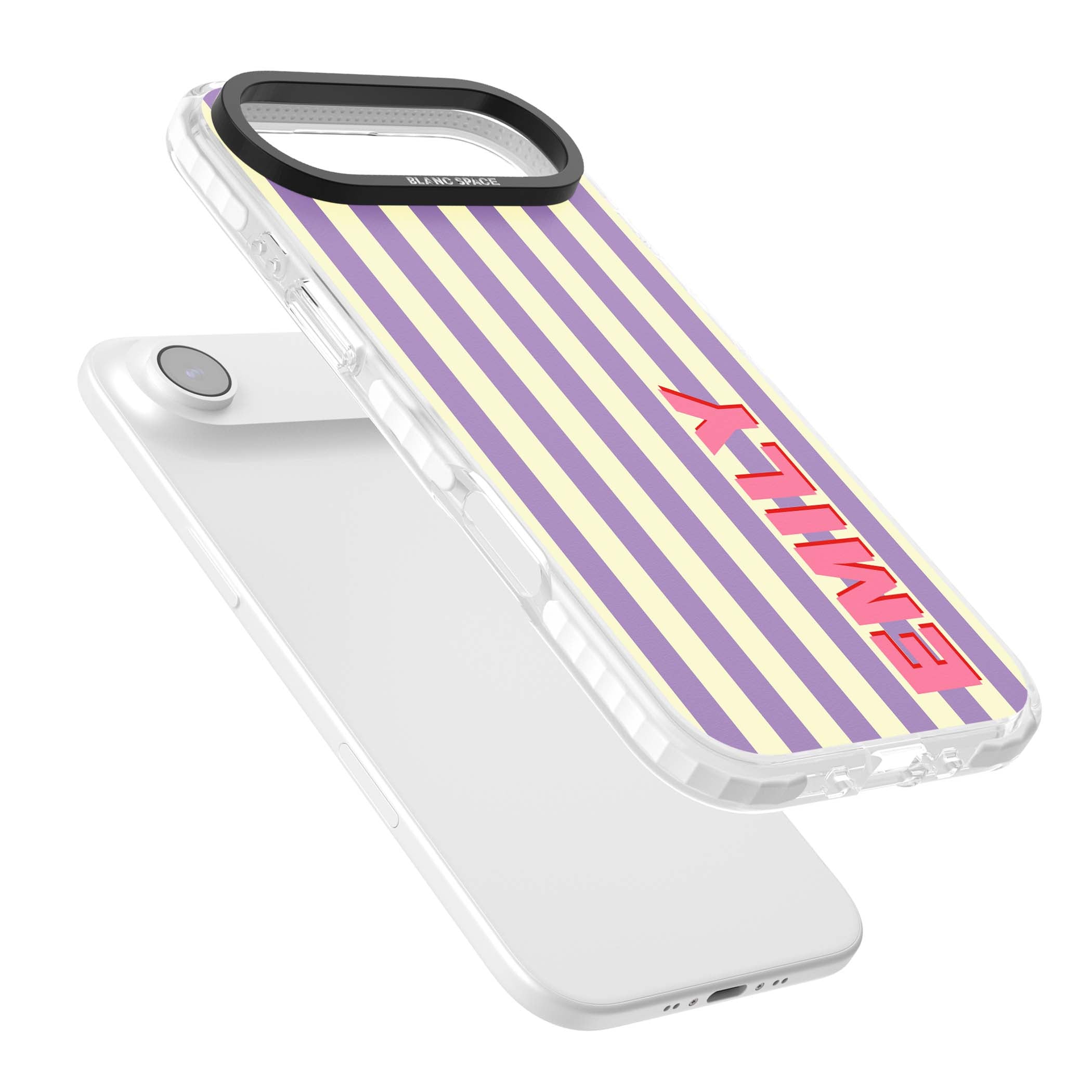 Valensole Stripe personalised iPhone case with purple and cream vertical stripes and pink custom name | Black Impact case for iPhone Air