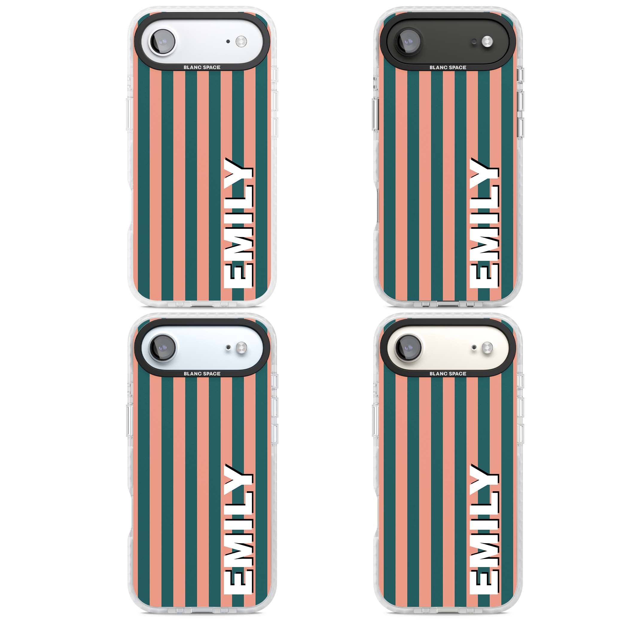 Tuscan Stripe personalised iPhone case featuring coral and green vertical stripes with bold custom name | Black Impact case for iPhone Air