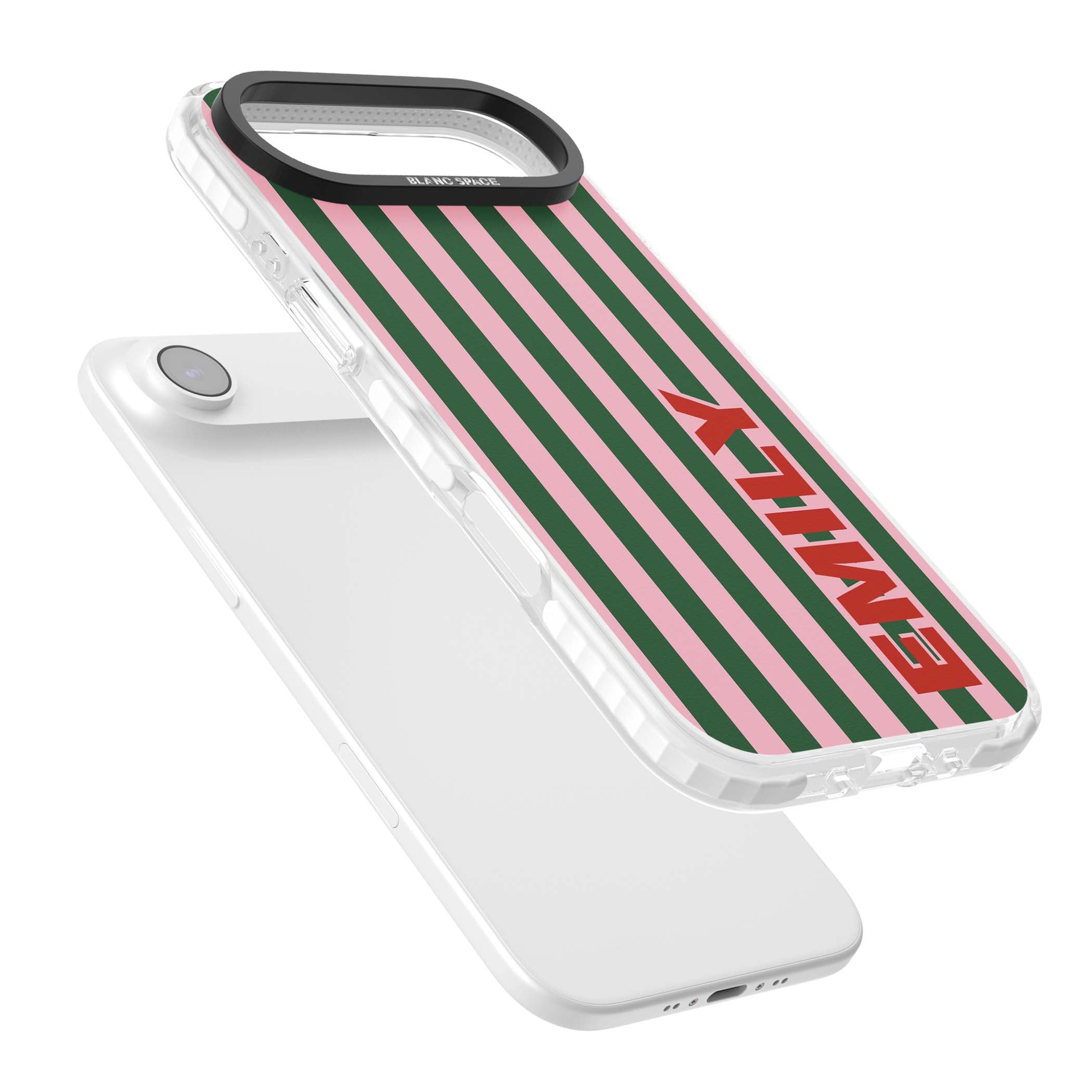 Italian Stripe preppy iPhone case featuring pink and green vertical stripes with personalised red name | Black Impact case for iPhone Air