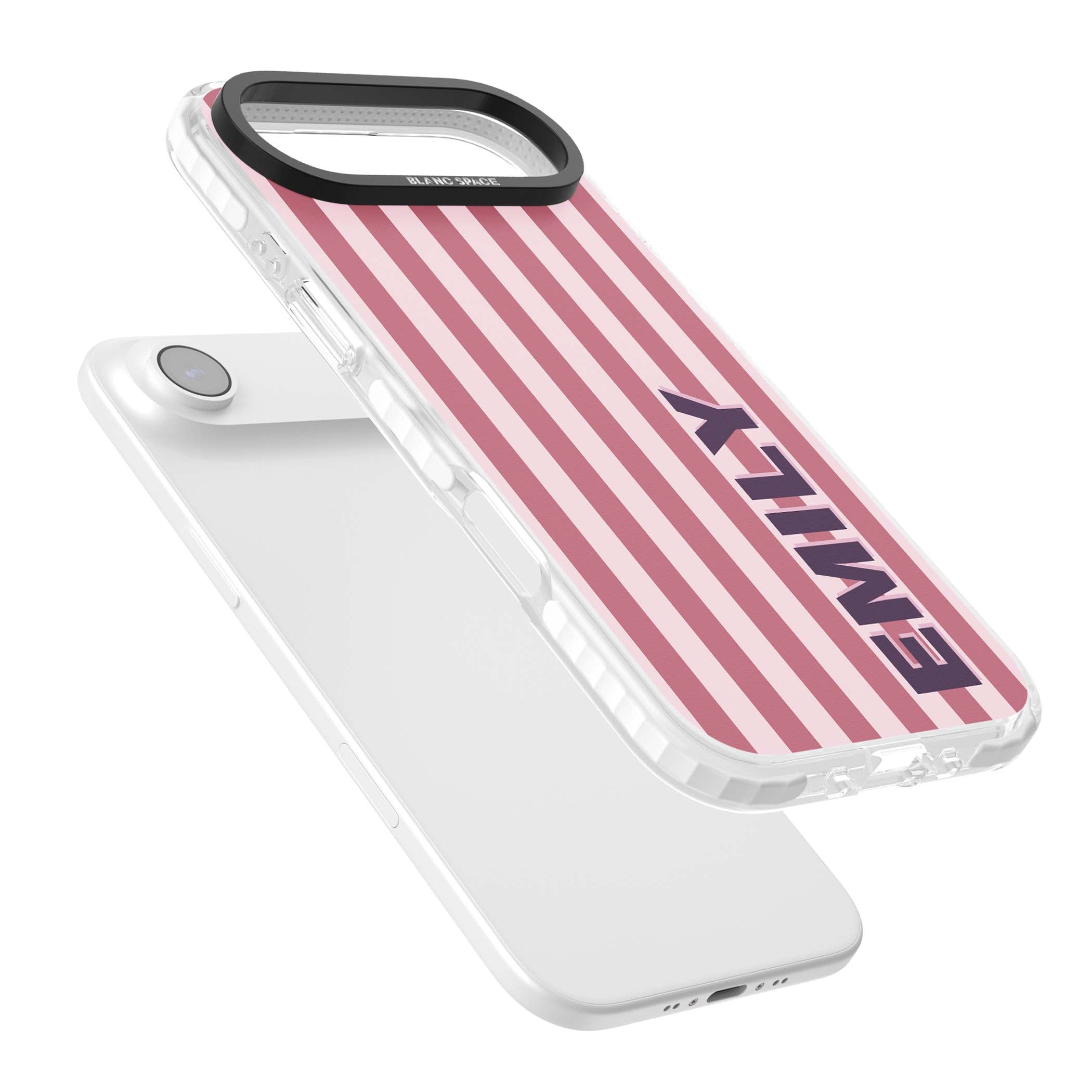 Victoria Stripe personalised iPhone case featuring pink vertical stripes and custom name in bold plum lettering | Black Impact case for iPhone Air