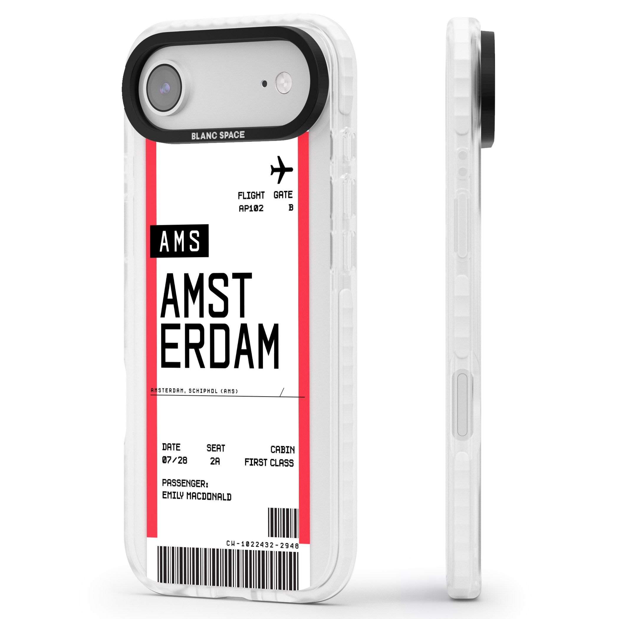 Personalised Amsterdam Boarding Pass iPhone 17 Air Impact Clear Phone Case Side Profile