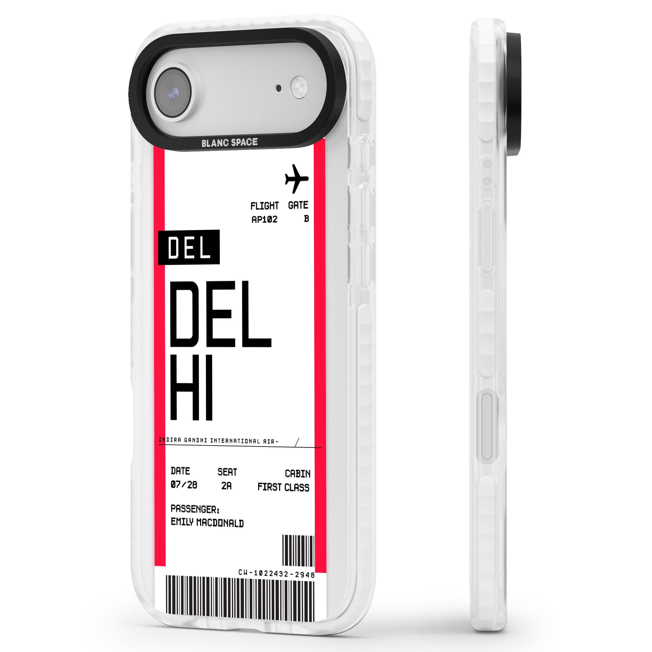 Personalised Delhi Boarding Pass iPhone 17 Air Impact Clear Phone Case Side Profile