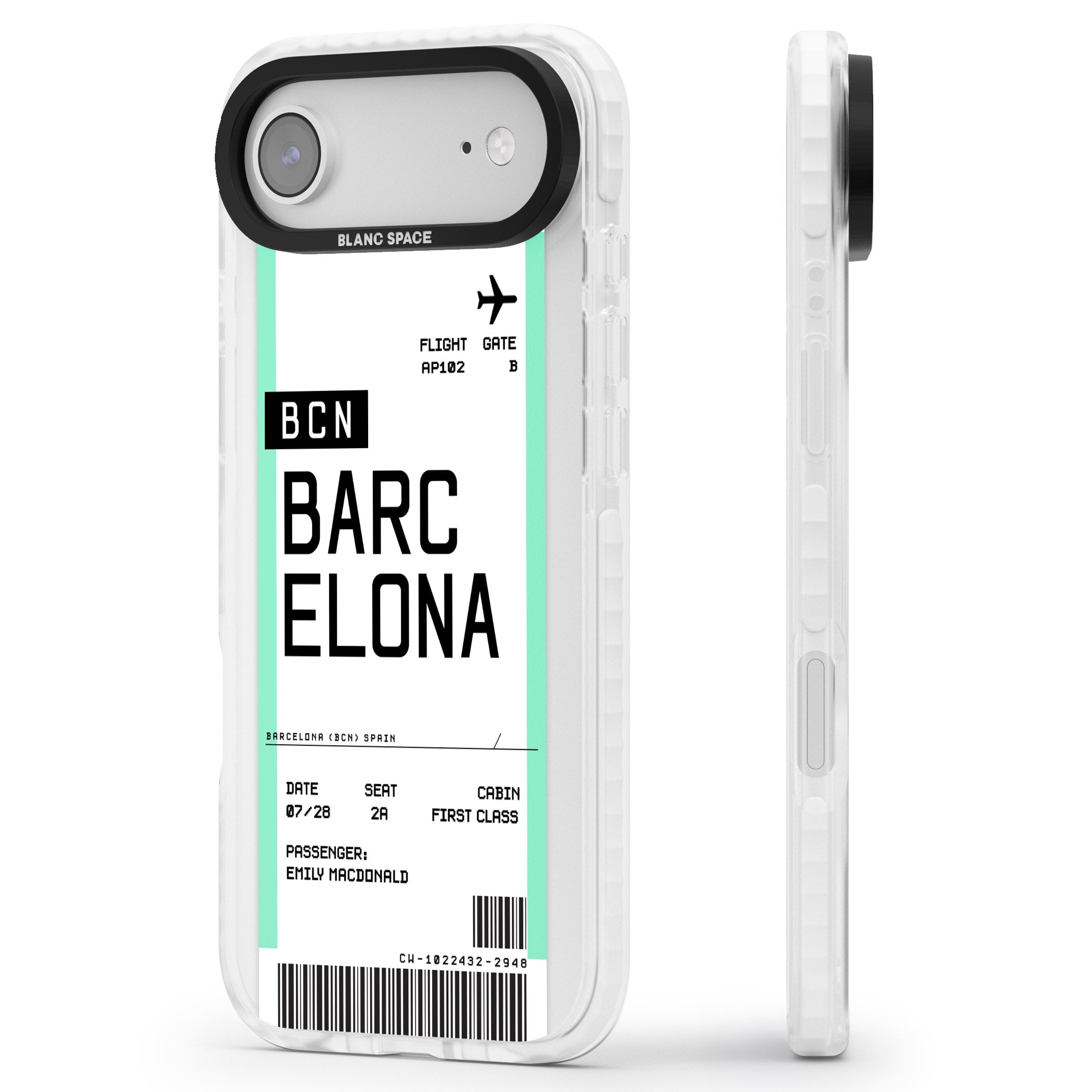 Personalised Barcelona Boarding Pass iPhone 17 Air Impact Clear Phone Case Side Profile