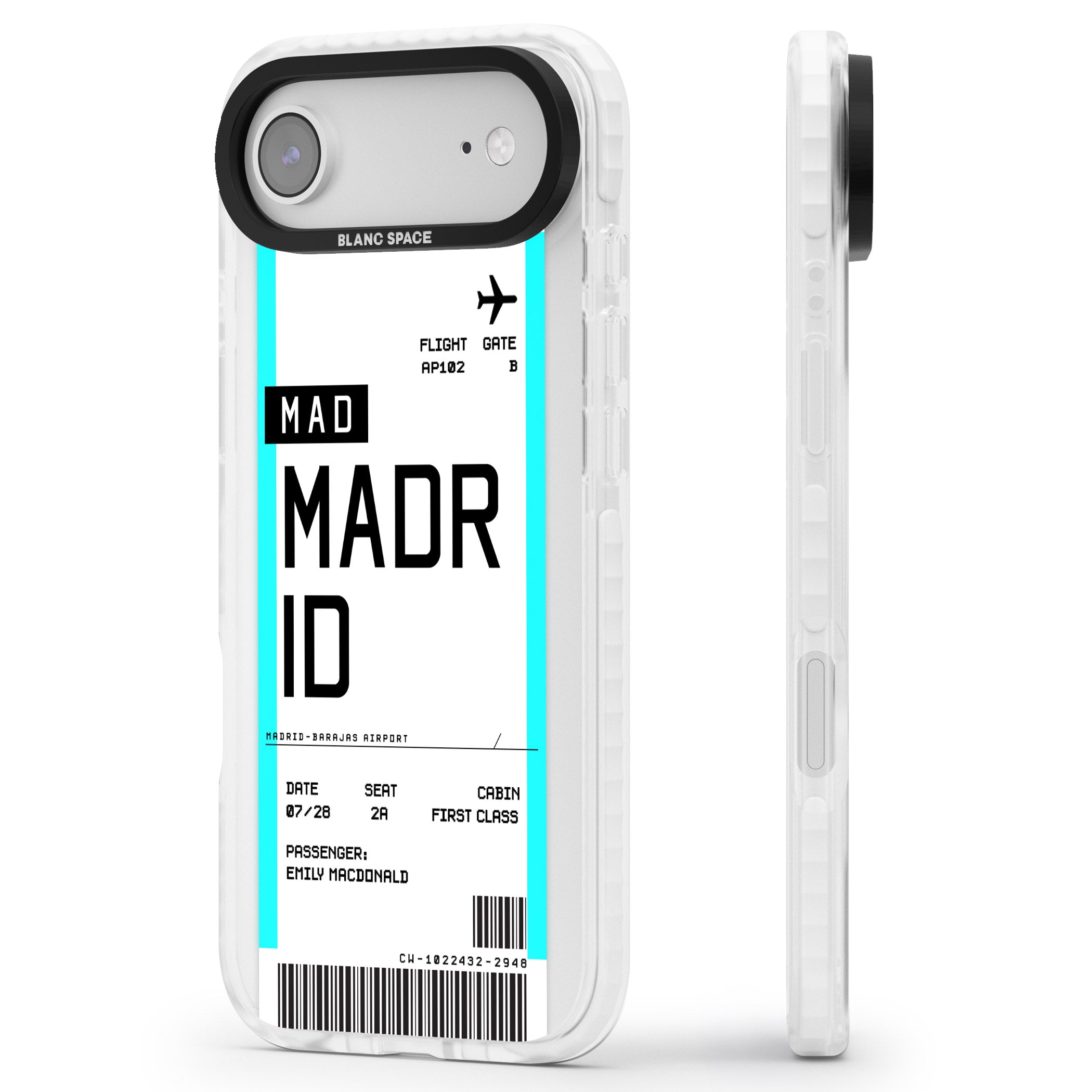 Personalised Madrid Boarding Pass iPhone 17 Air Impact Clear Phone Case Side Profile