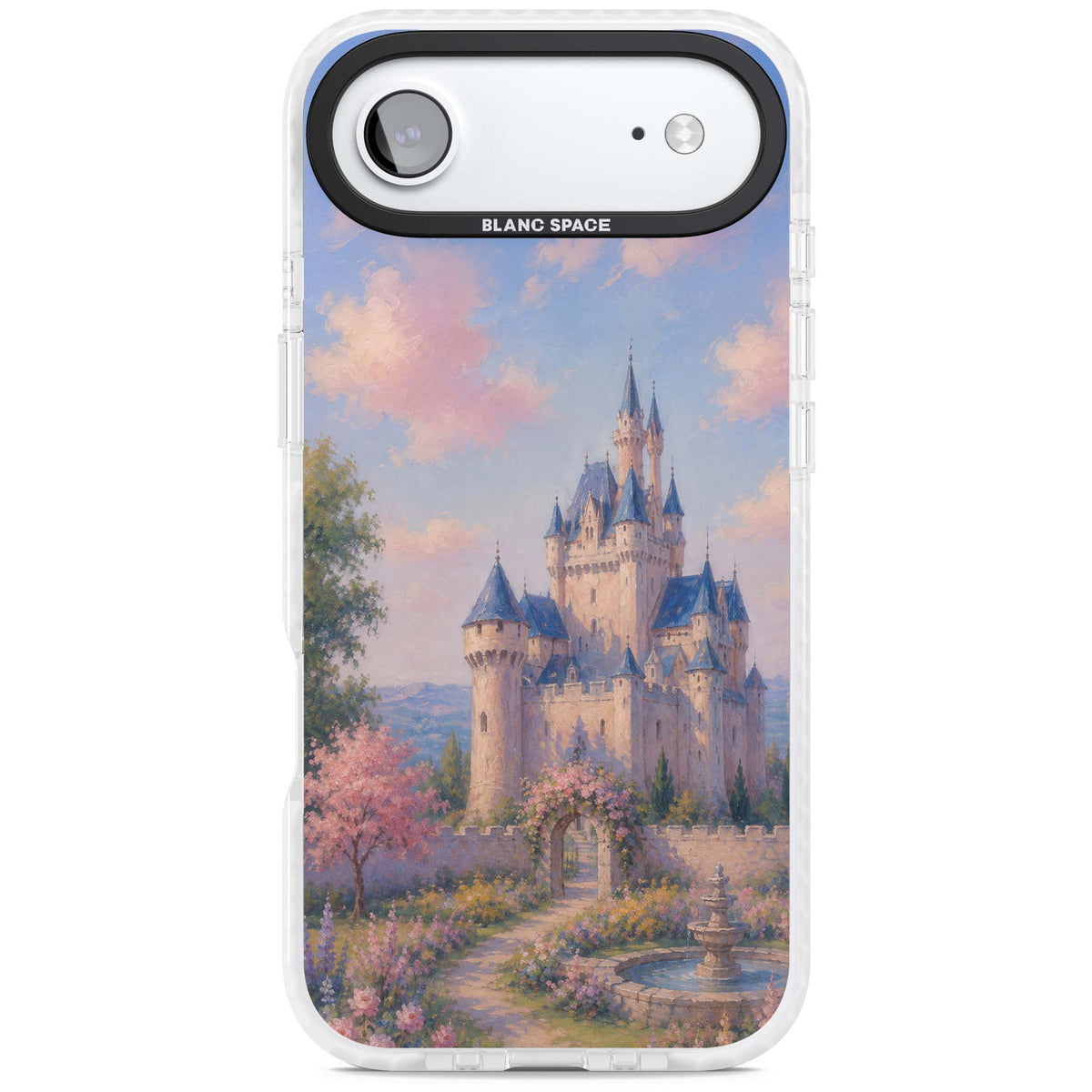 Enchanted Kingdom fairytale iPhone case featuring a romantic castle painting with cherry blossoms and pastel pink sky | Black Impact case for iPhone Air