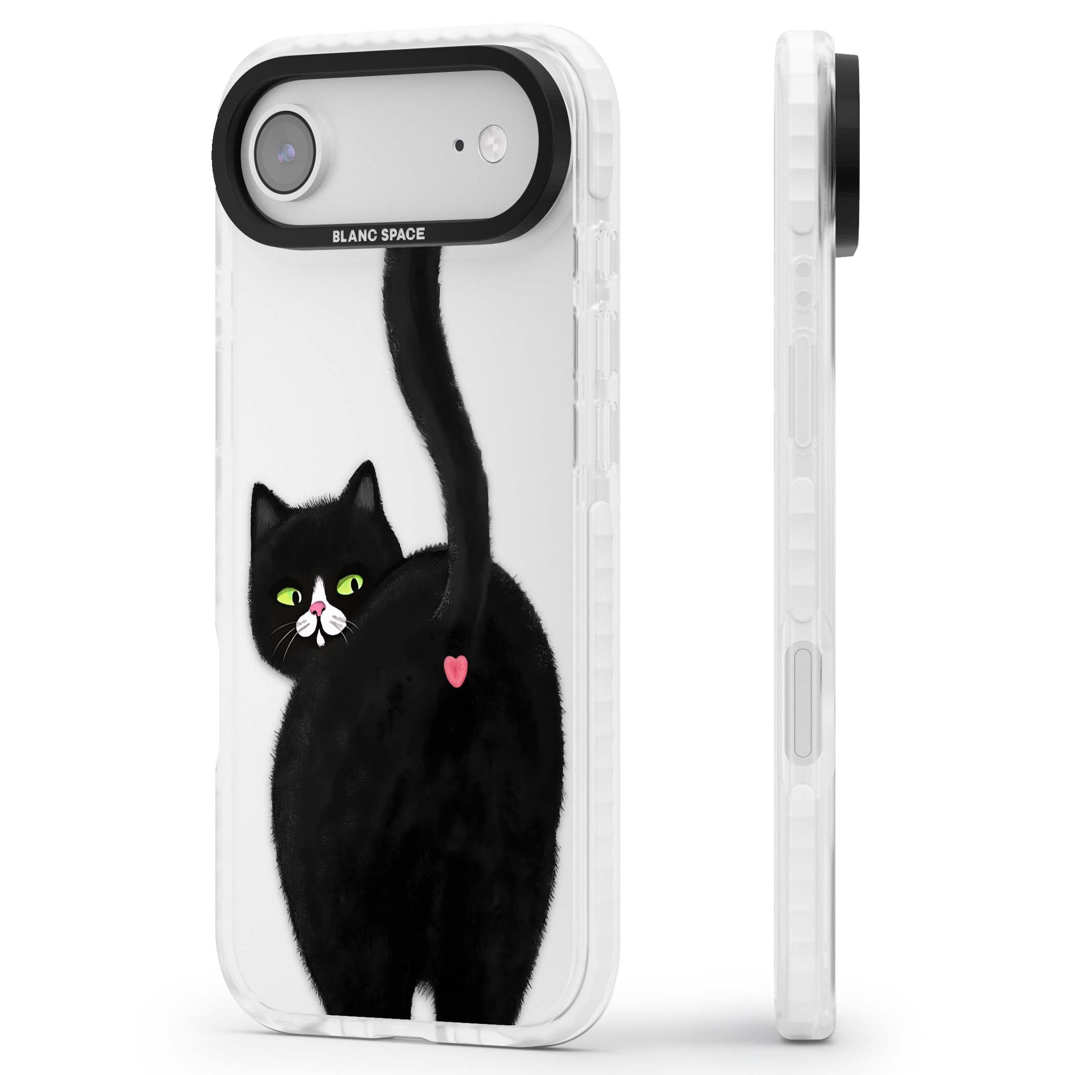 The Cat's Kiss cute cat iPhone case featuring a hand-painted tuxedo kitty with green eyes and a pink heart on a clear | Black Impact case for iPhone Air