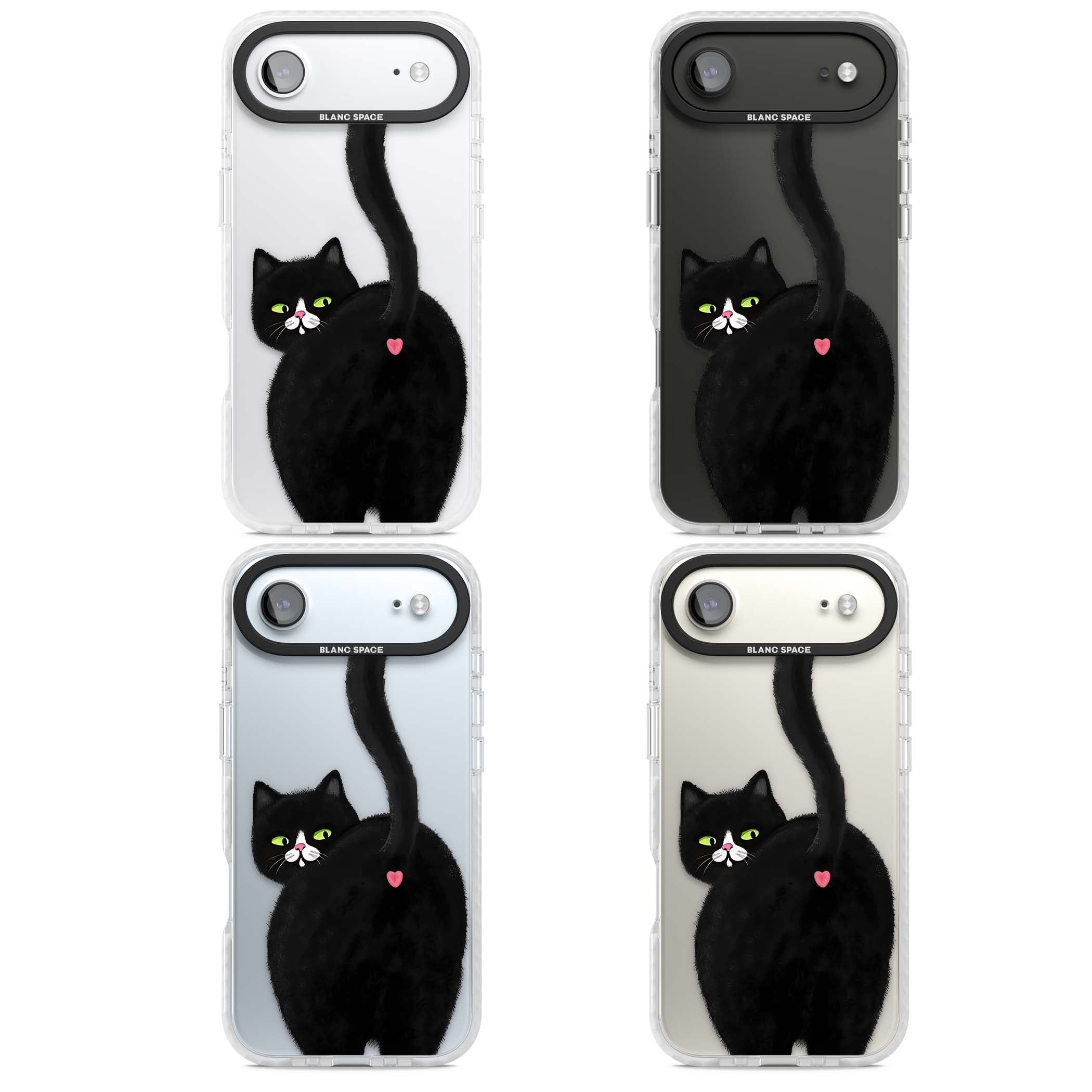 The Cat's Kiss cute cat iPhone case featuring a hand-painted tuxedo kitty with green eyes and a pink heart on a clear | Black Impact case for iPhone Air