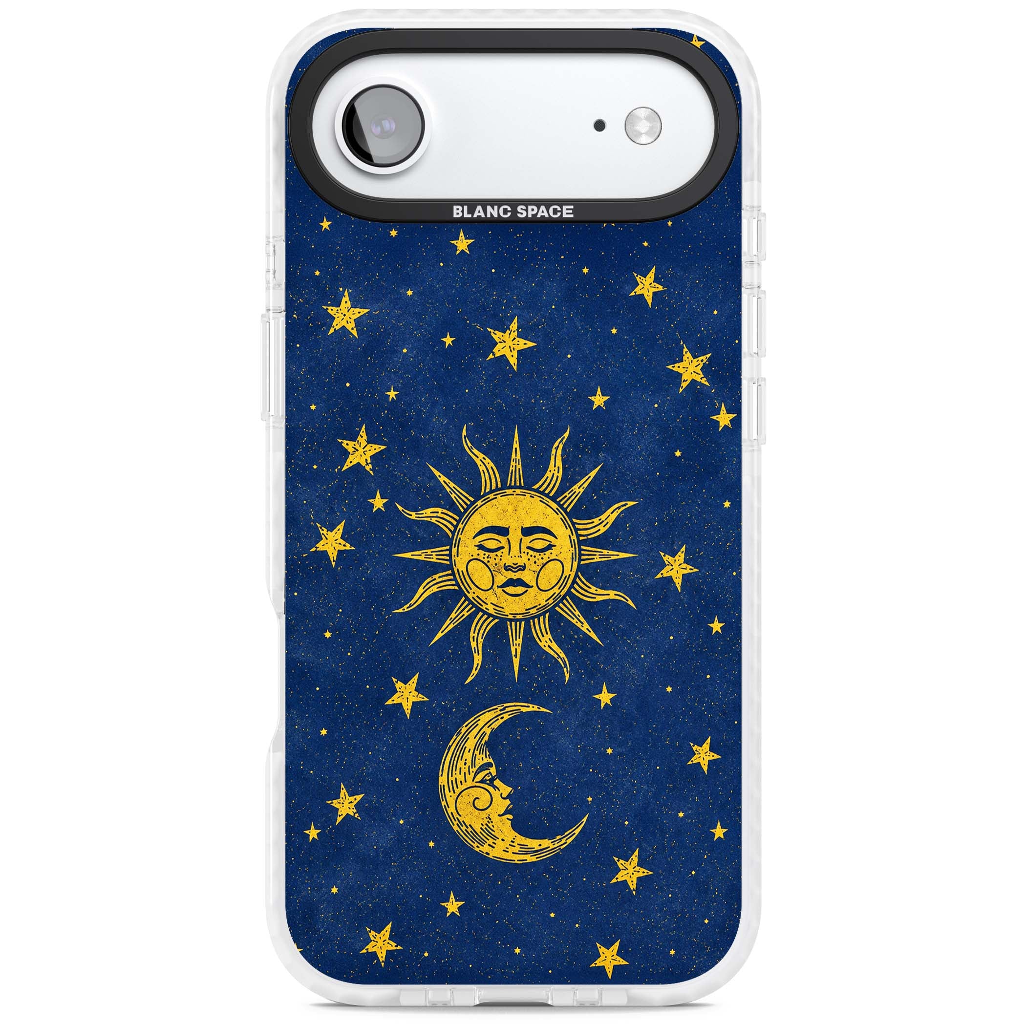 Sun & Moon Reverie celestial iPhone case featuring a vintage golden sun, crescent moon and scattered stars on midnight blue | Black Impact case for iPhone Air