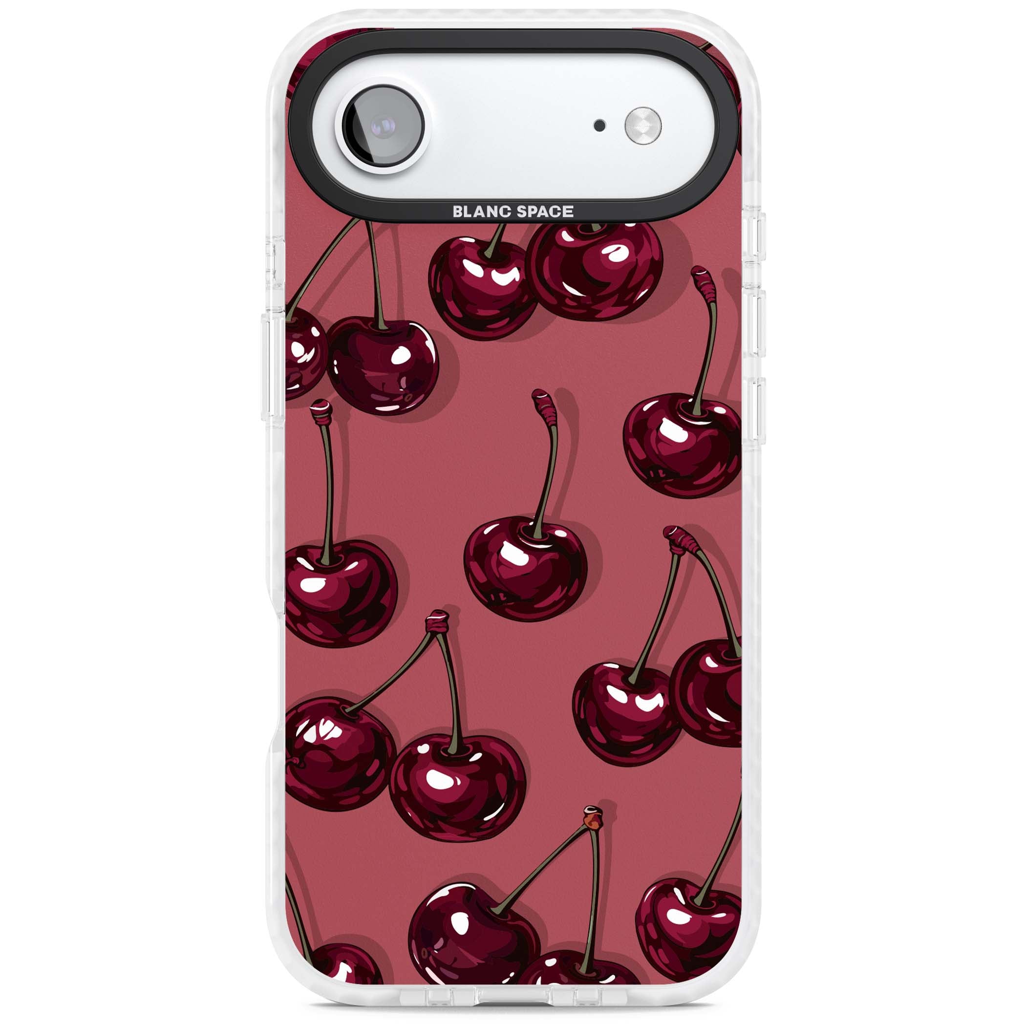 Cherry Rebel coquette iPhone case featuring glossy burgundy cherries on a dusty rose background | Black Impact case for iPhone Air