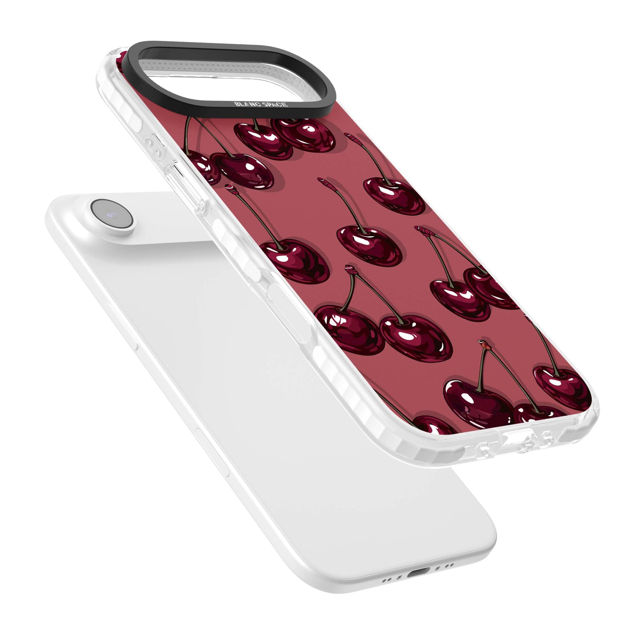 Cherry Rebel coquette iPhone case featuring glossy burgundy cherries on a dusty rose background | Black Impact case for iPhone Air