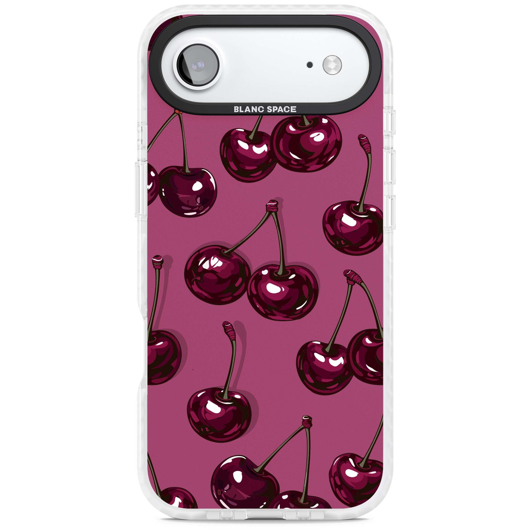 Cherry Soda coquette iPhone case featuring glossy burgundy cherries on a dusty pink background | Black Impact case for iPhone Air