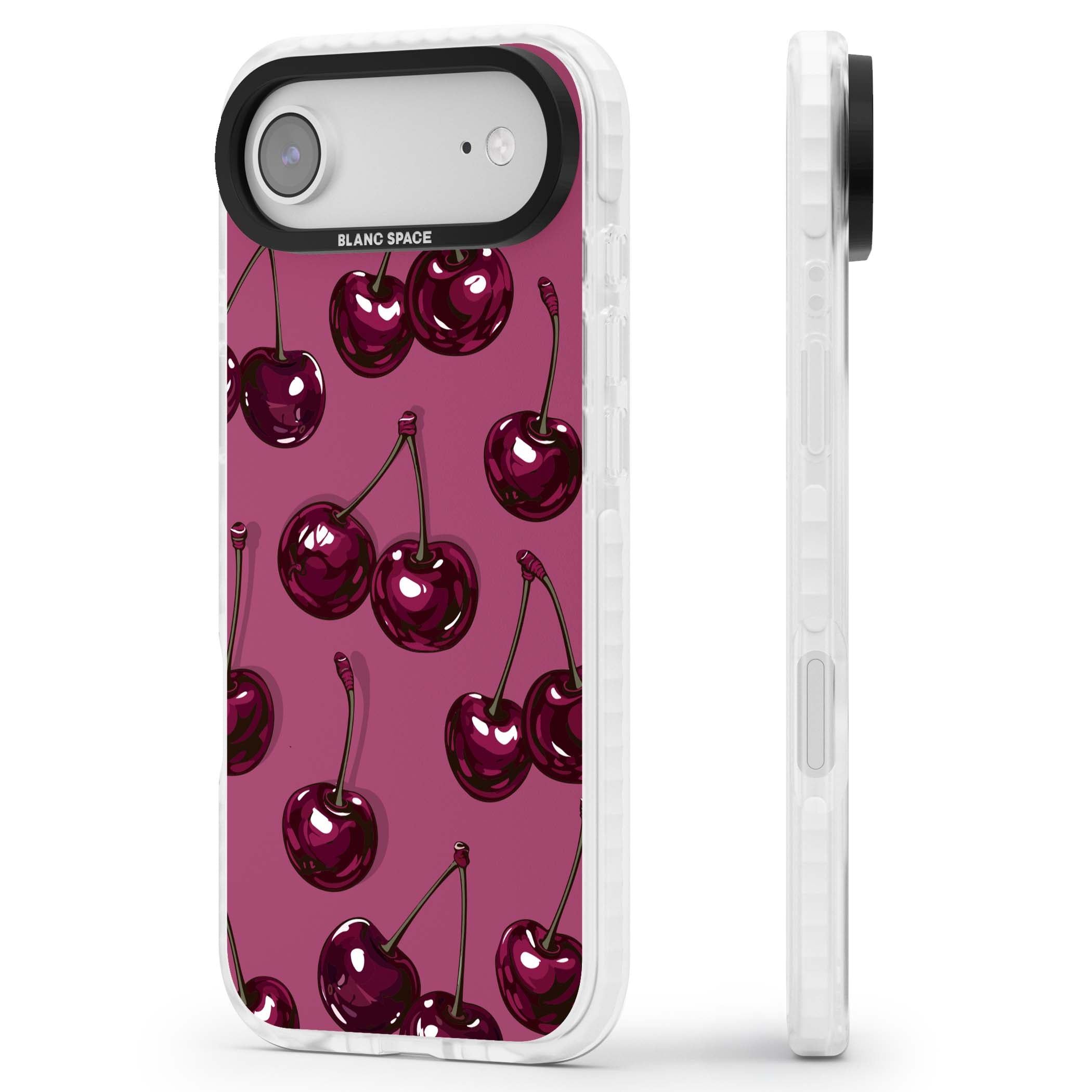 Cherry Soda coquette iPhone case featuring glossy burgundy cherries on a dusty pink background | Black Impact case for iPhone Air