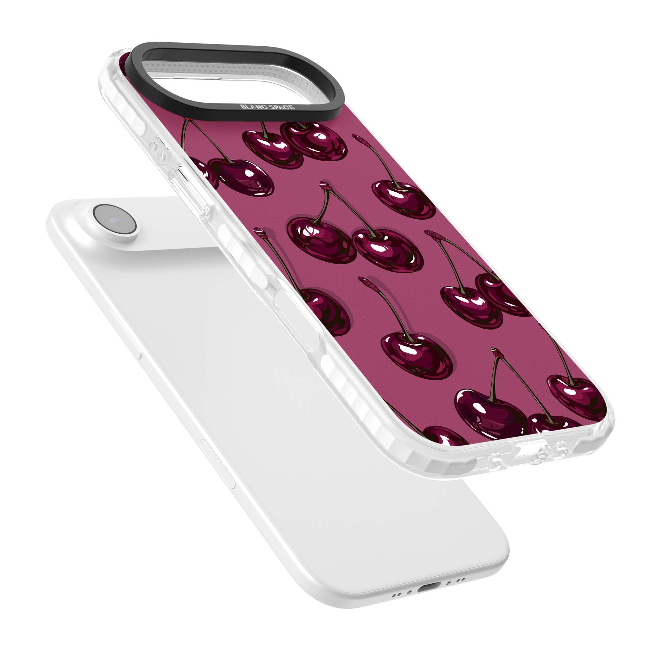 Cherry Soda coquette iPhone case featuring glossy burgundy cherries on a dusty pink background | Black Impact case for iPhone Air