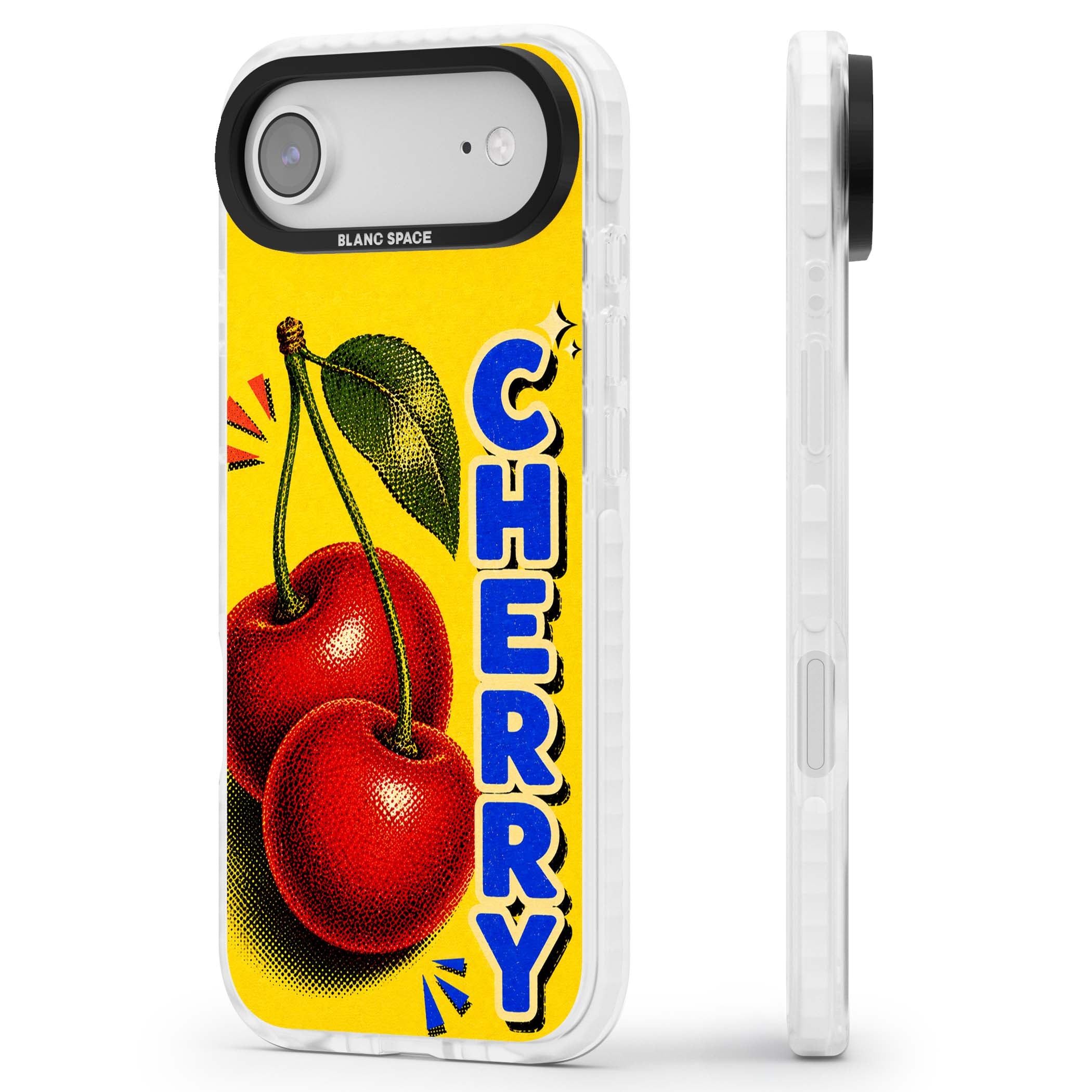 Cherry Yellow y2k iPhone case featuring two red cherries, halftone shading and bold blue CHERRY lettering on yellow | Black Impact case for iPhone Air