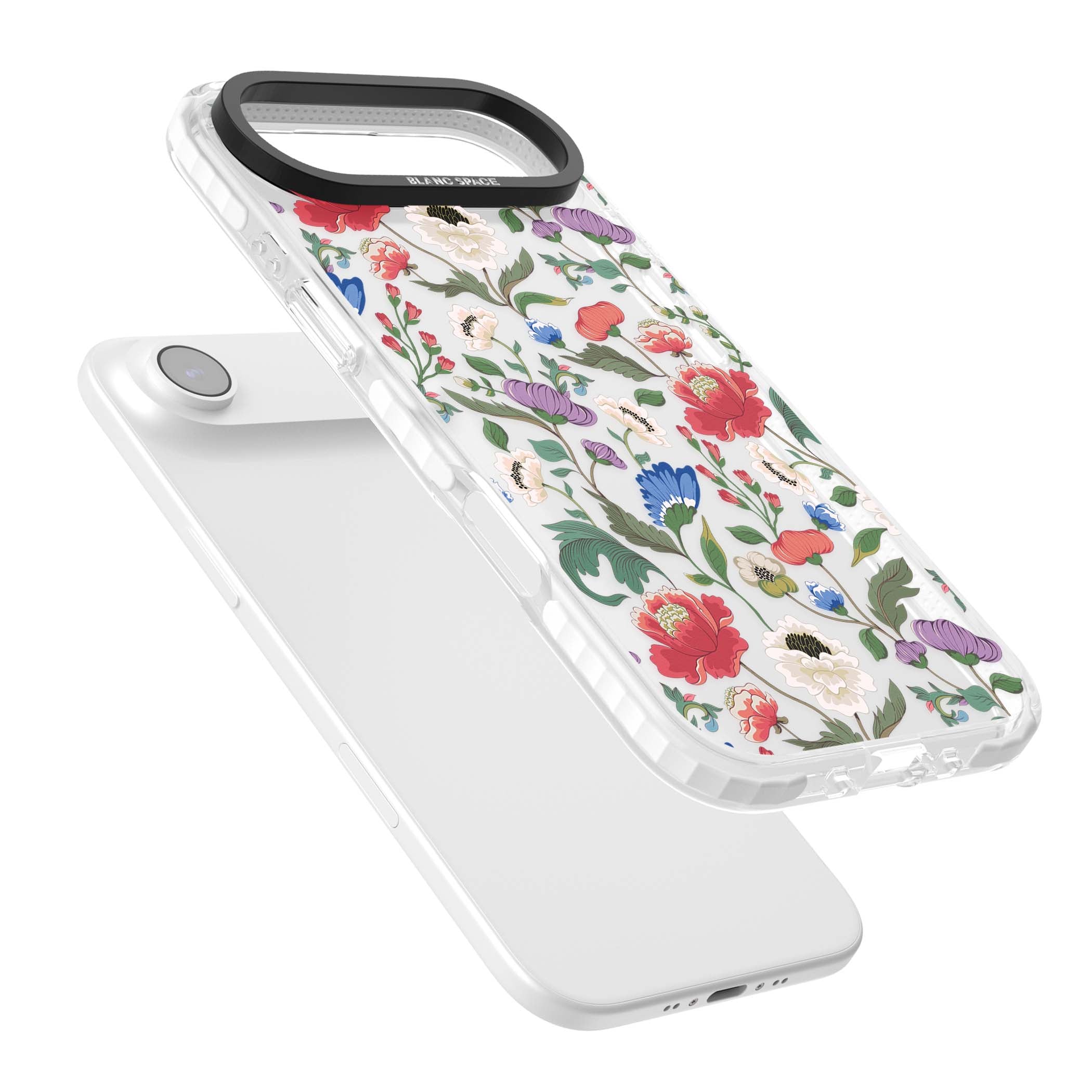 Chinoiserie Bloom vintage floral iPhone case featuring hand-painted peonies, poppies and trailing wildflowers on clear... | Black Impact case for iPhone Air