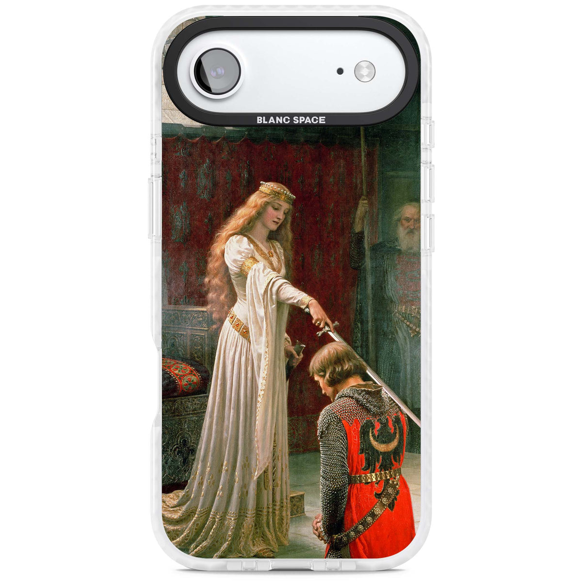 The Accolade renaissance art iPhone case featuring Edmund Blair Leighton's painting of a queen knighting a kneeling knight | Black Impact case for iPhone Air
