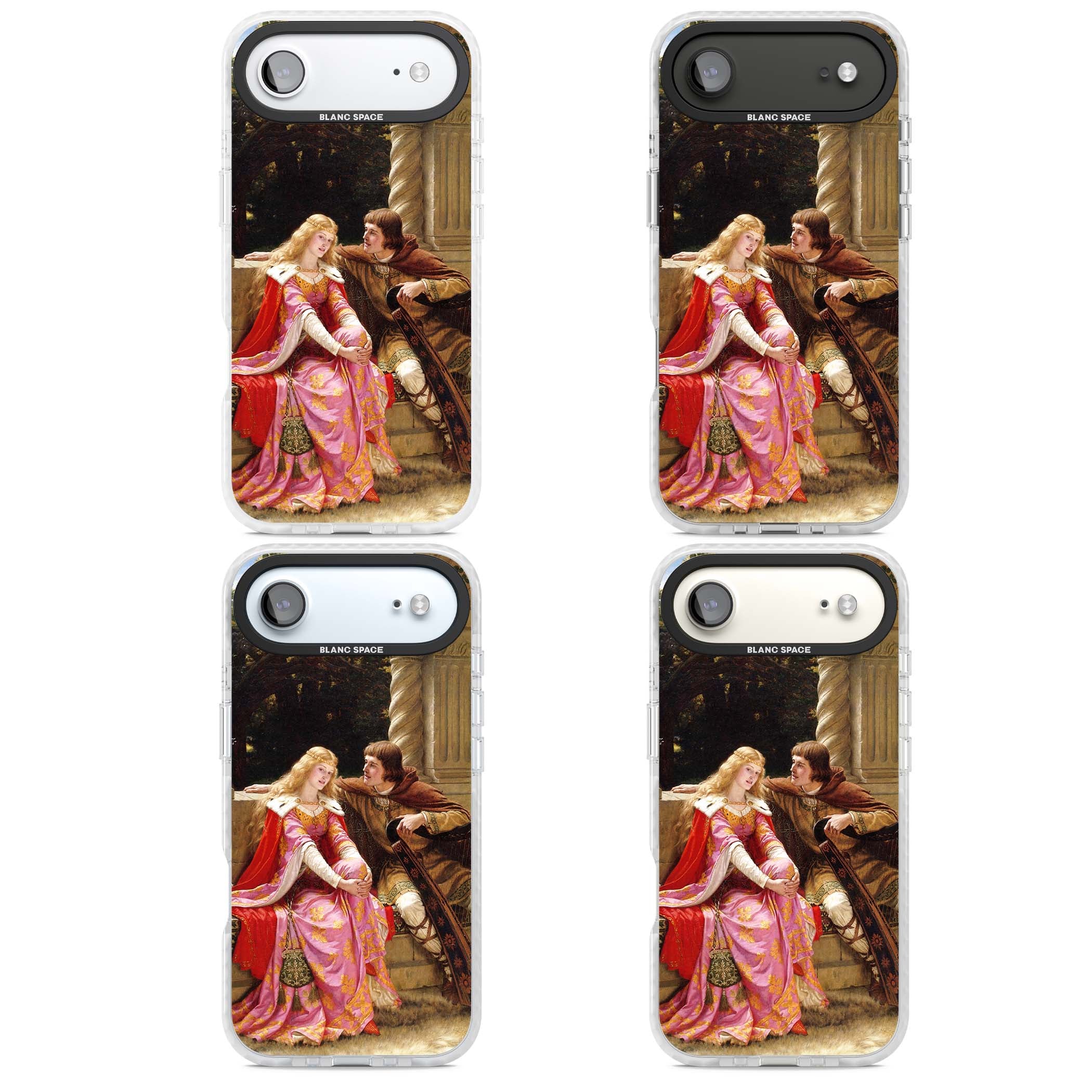 The End of the Song classic art iPhone case featuring a medieval lady in pink gown and her knight in a stone archway | Black Impact case for iPhone Air