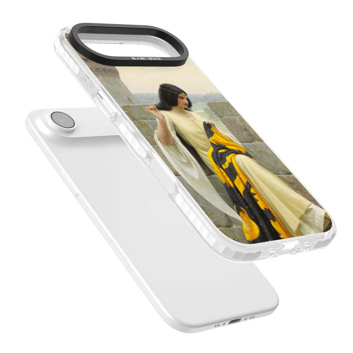 Stitching the Standard renaissance art iPhone case featuring a medieval lady sewing a golden banner on a castle wall | Black Impact case for iPhone Air