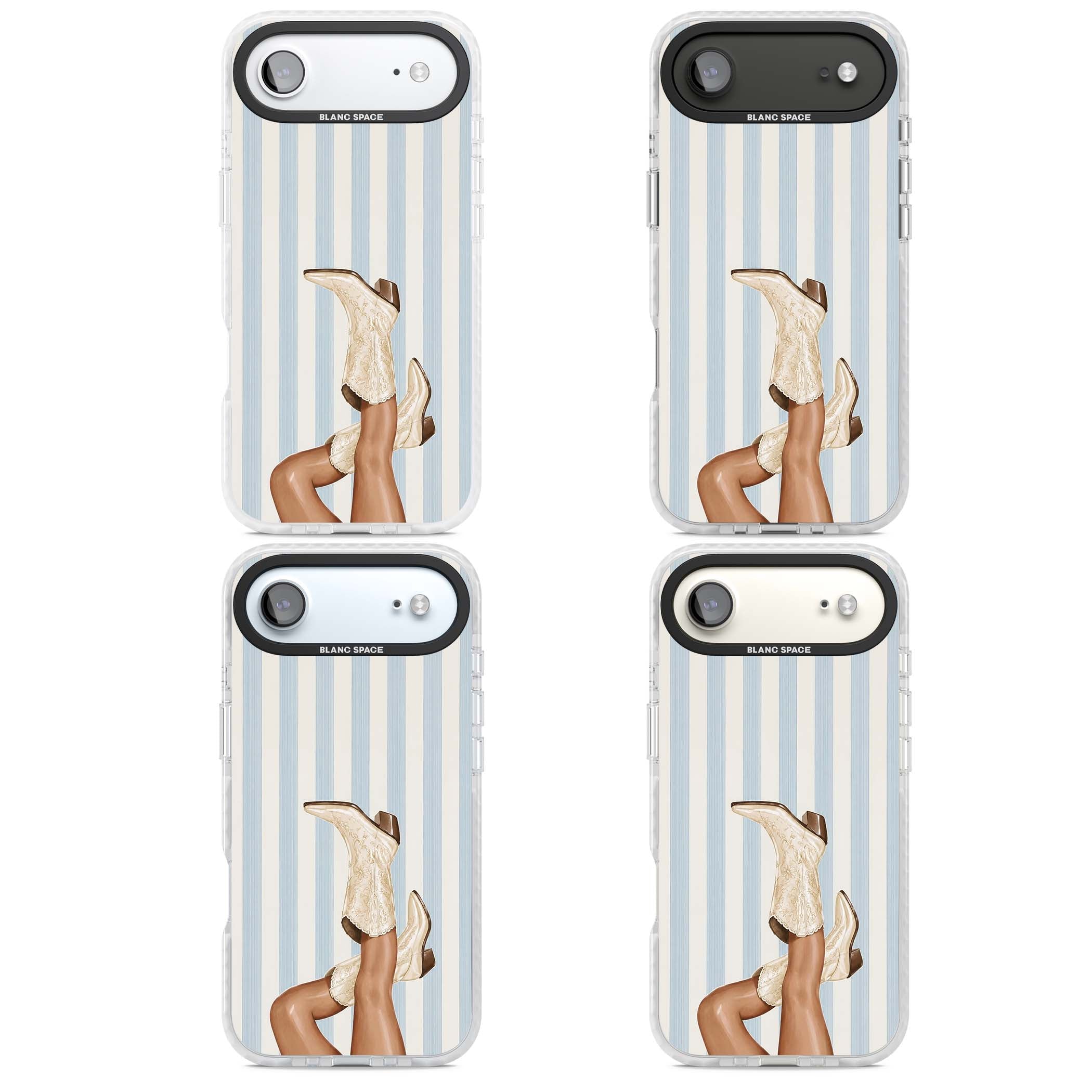 Cowgirl Boots coastal cowgirl iPhone case featuring embroidered western boots, tanned legs and a blue stripe backdrop | Black Impact case for iPhone Air