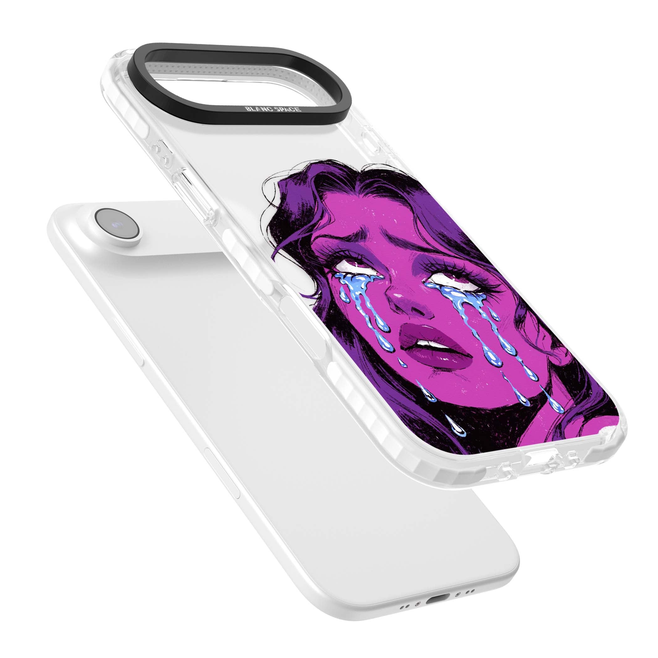 Drama Queen pop art iPhone case featuring a purple crying comic girl with blue tears | Black Impact case for iPhone Air