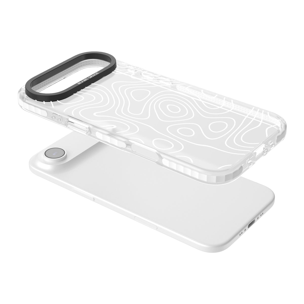 White Damascus Steel abstract iPhone case featuring white topographic contour lines on a clear back with a black bumper iPhone Air / iPhone 17 Air Impact Clear Phone Case angled