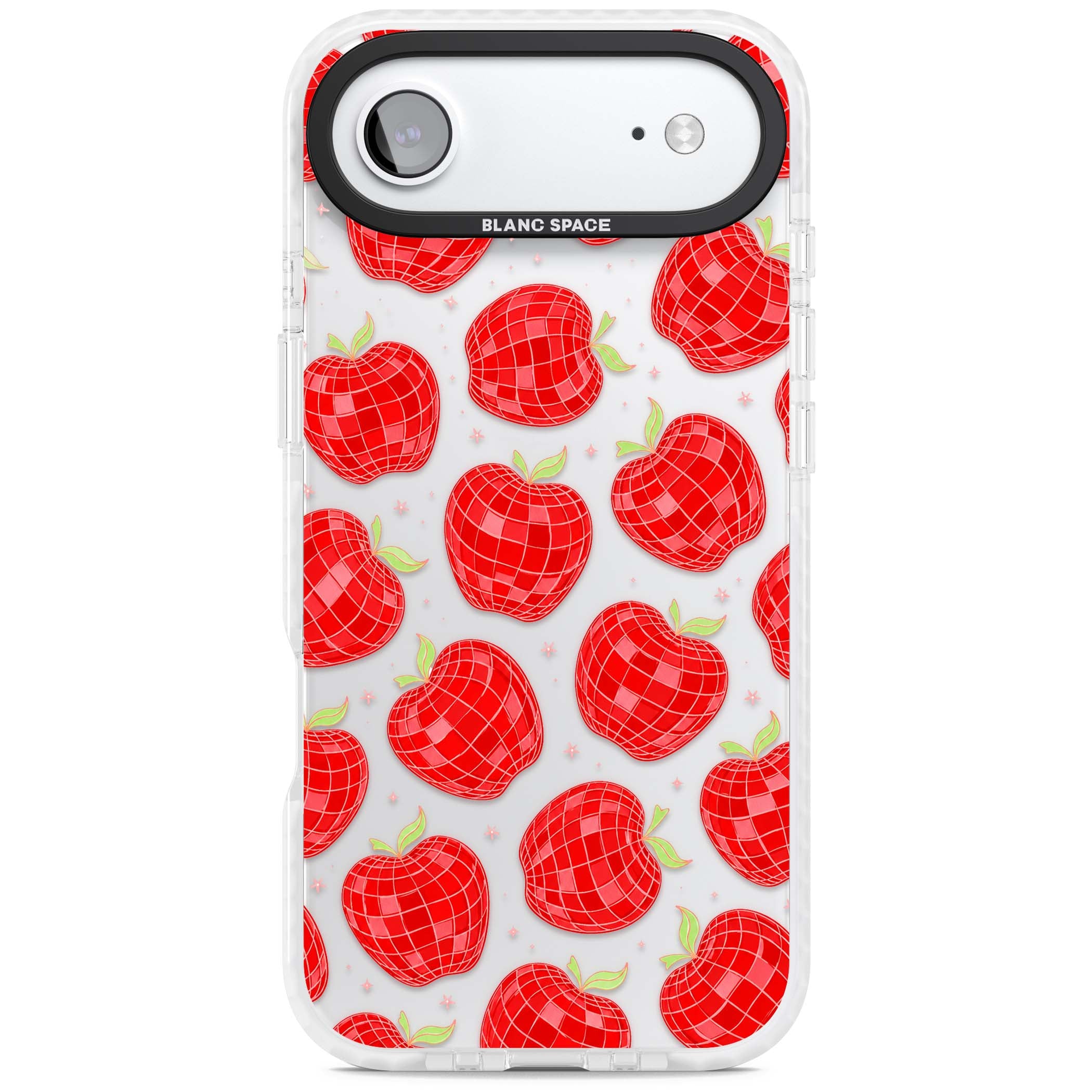 Disco Apples Y2K iPhone case featuring red disco ball apples, green leaves and pink sparkles on clear | Black Impact case for iPhone Air