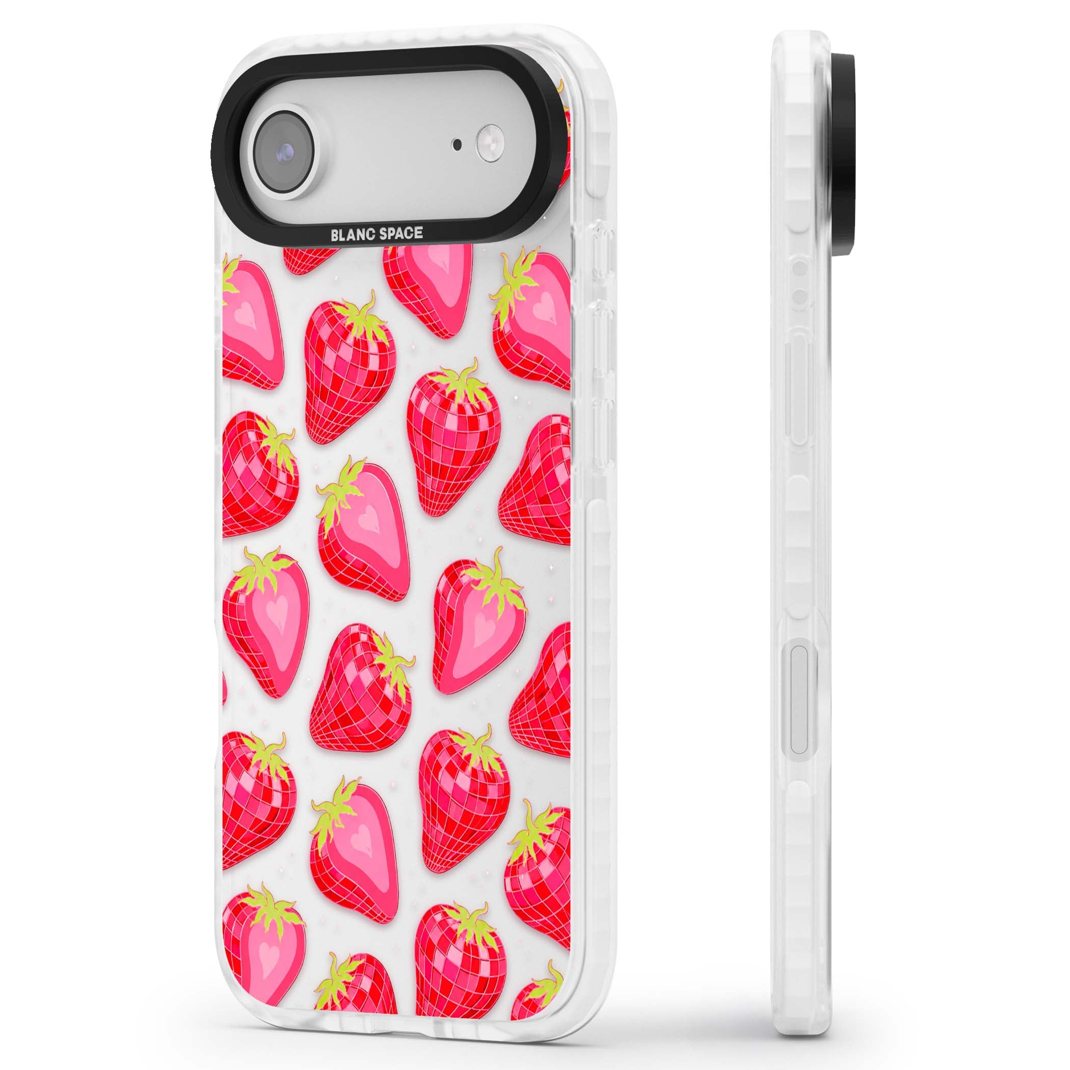 Disco Strawberry Y2K iPhone case featuring pink disco-ball strawberries, green leaves and tiny sparkles | Black Impact case for iPhone Air