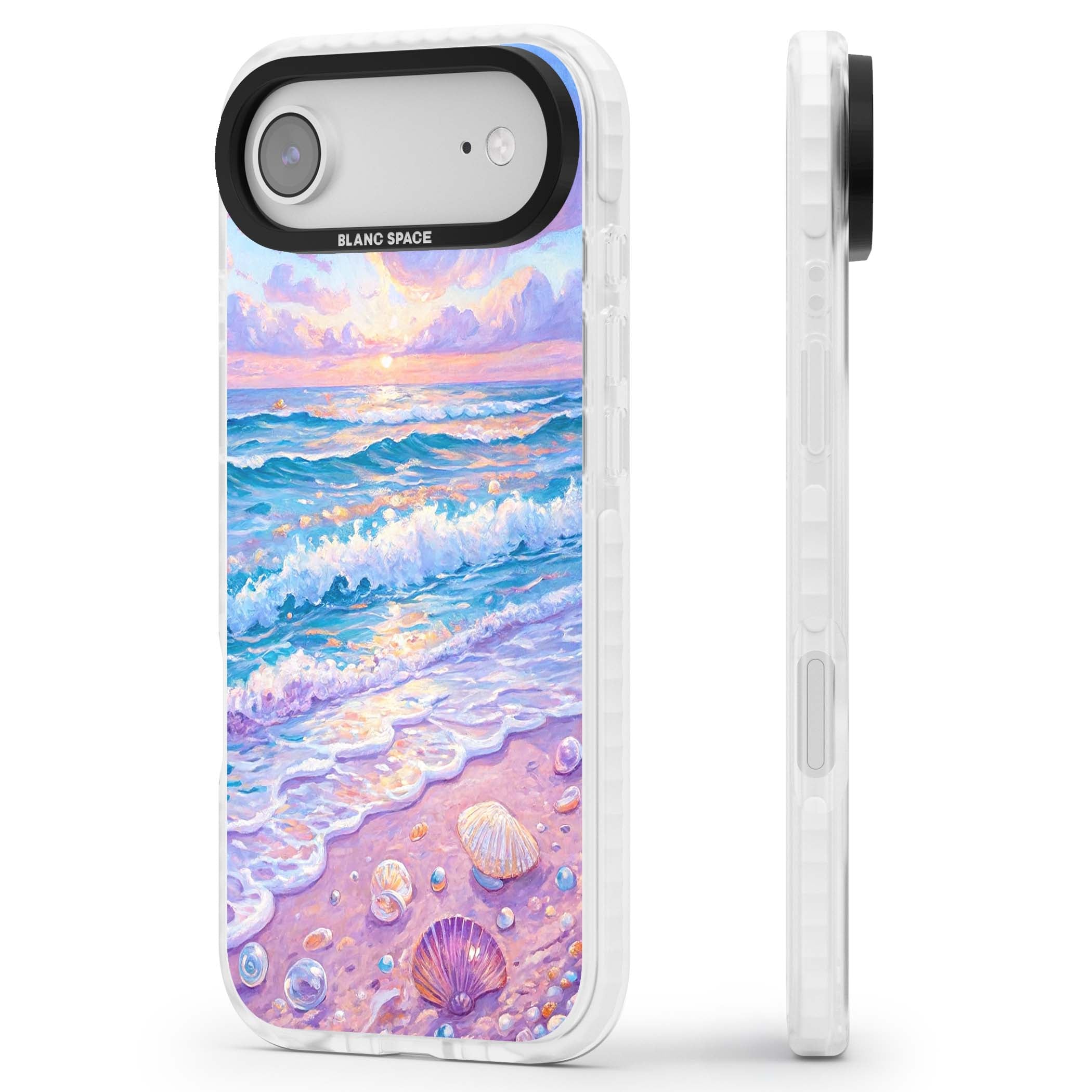 Pearl Shore coastal iPhone case featuring pastel painted waves, seashells, and a sunrise sky over a lavender beach. | Black Impact case for iPhone Air