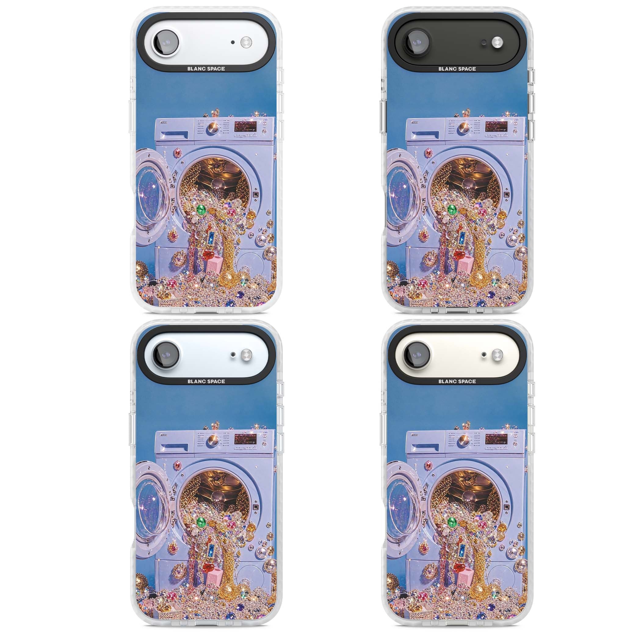 Gem Laundry baddie iPhone case featuring a surreal washing machine overflowing with colourful gemstones and crystals | Black Impact case for iPhone Air