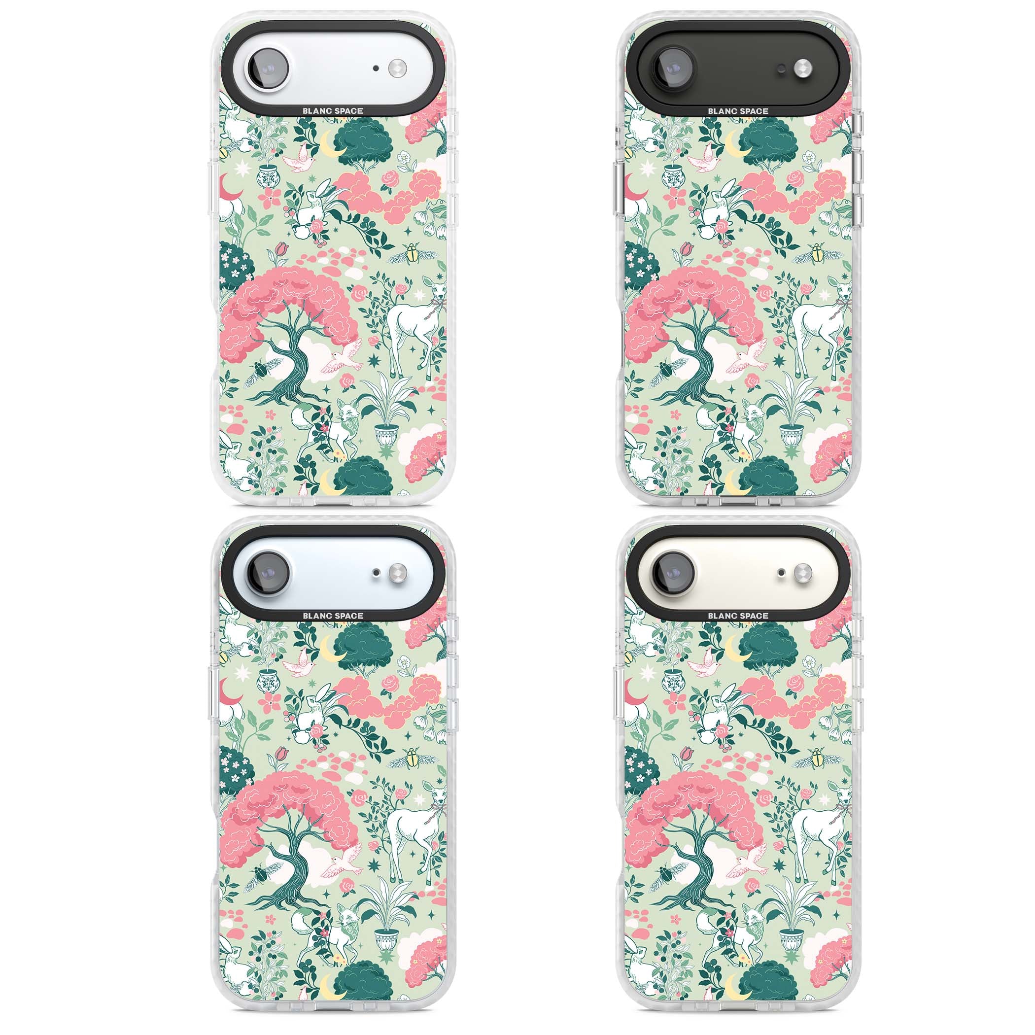 Enchanted Woodland cottagecore iPhone case featuring white deer, pink roses, mushrooms and woodland animals on sage green | Black Impact case for iPhone Air