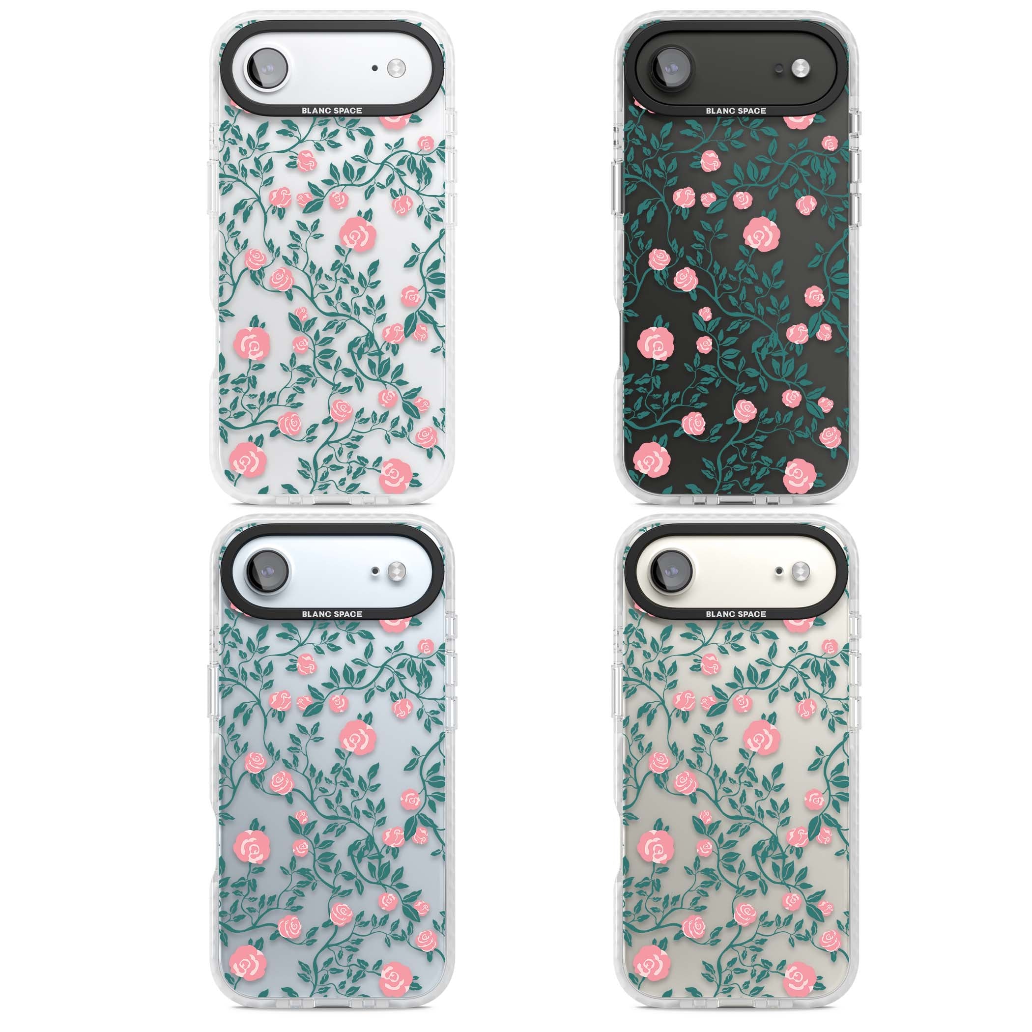 Rose Trellis (Clear) cottagecore iPhone case featuring pink climbing roses and green leaves on clear background | Black Impact case for iPhone Air