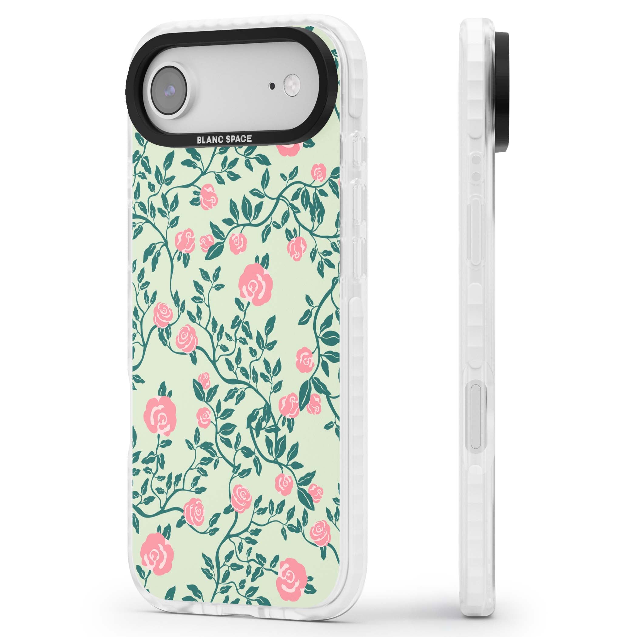 Rose Trellis cottagecore iPhone case featuring pink roses, sage green vines, and mint background | Black Impact case for iPhone Air