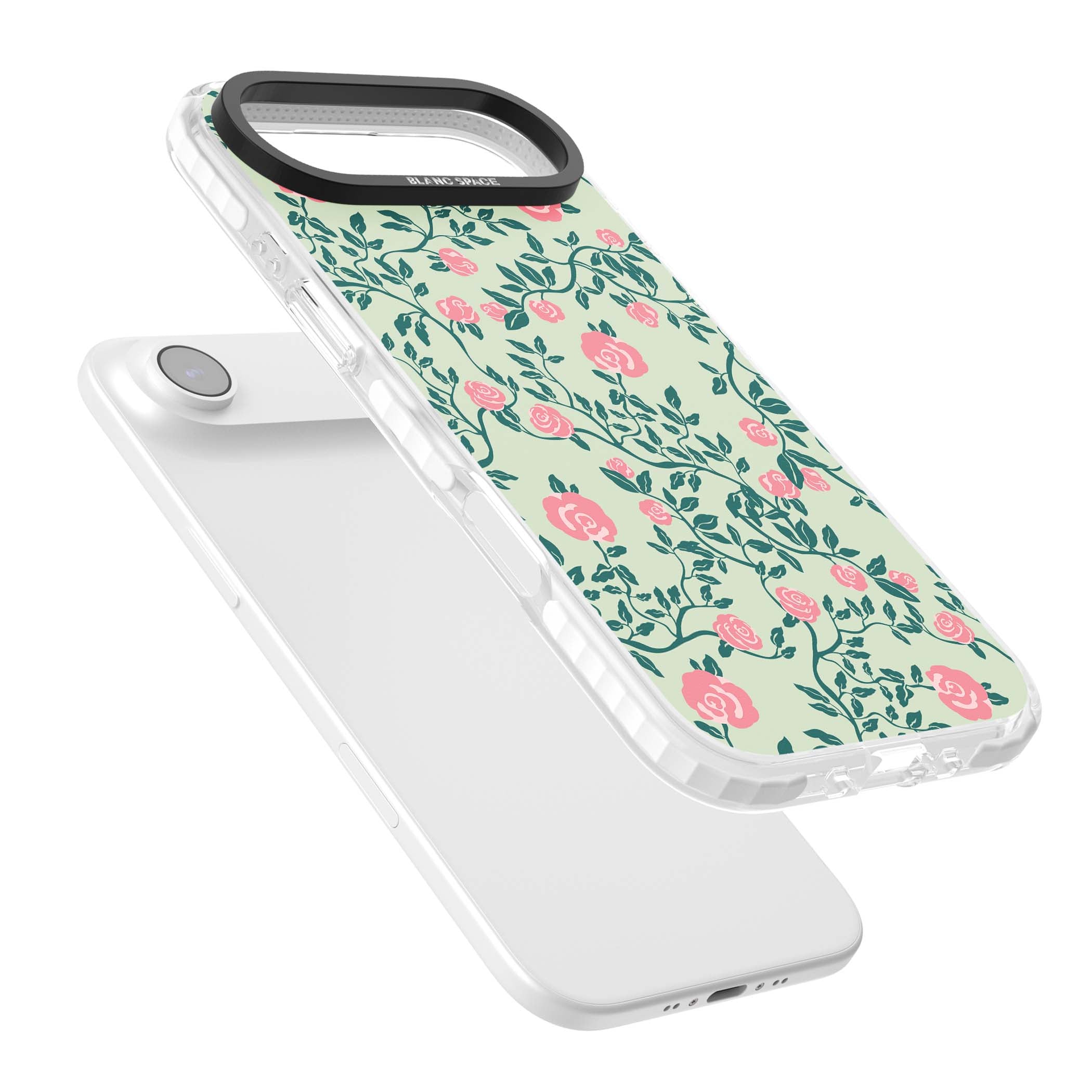 Rose Trellis cottagecore iPhone case featuring pink roses, sage green vines, and mint background | Black Impact case for iPhone Air