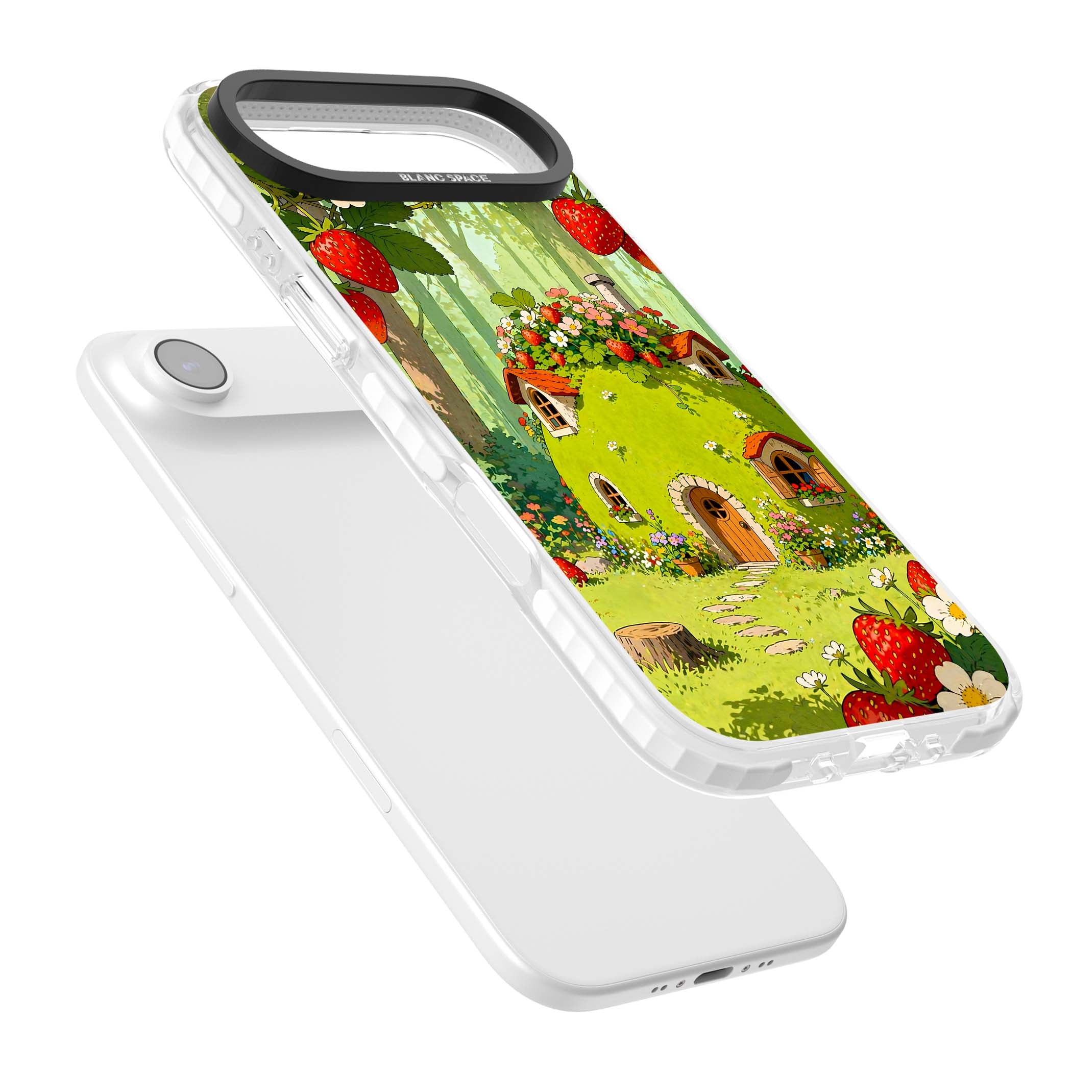 Strawberry Cottage cottagecore iPhone case featuring a green fairy house, wild strawberries and enchanted forest flowers | Black Impact case for iPhone Air