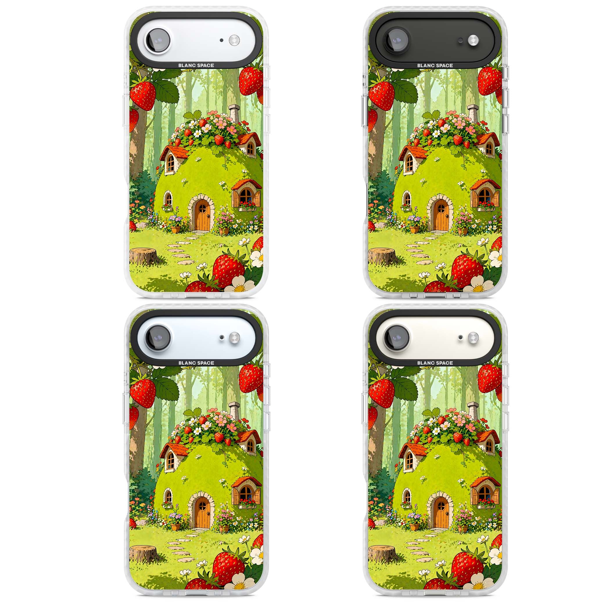 Strawberry Cottage cottagecore iPhone case featuring a green fairy house, wild strawberries and enchanted forest flowers | Black Impact case for iPhone Air