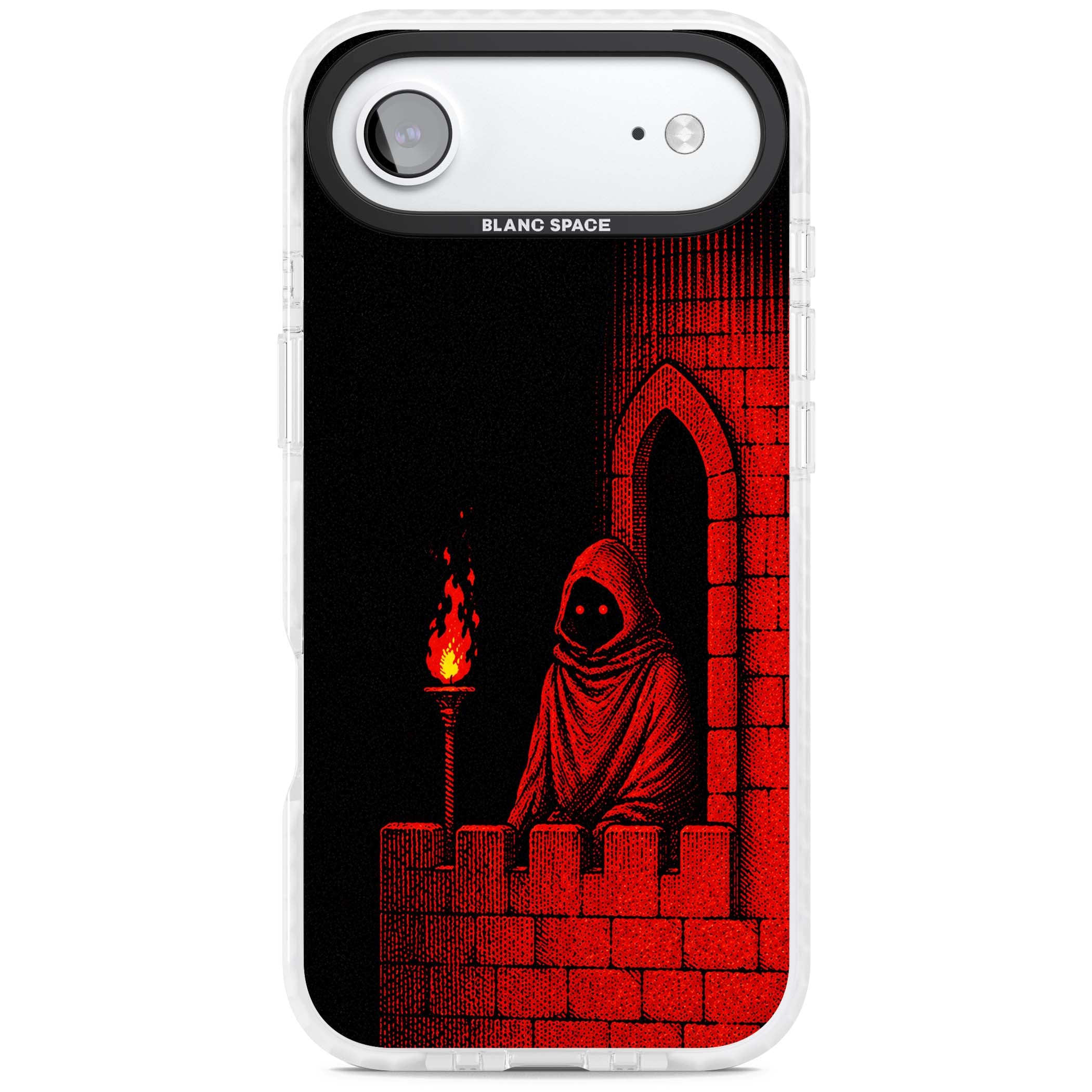 Crimson Crypt gothic iPhone case featuring a hooded reaper, torchlit crypt archway and red halftone horror art | Black Impact case for iPhone Air