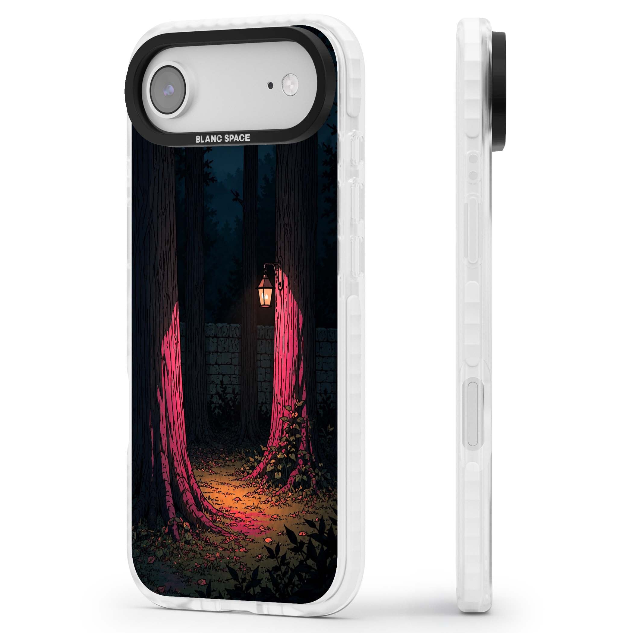 Forest Lantern dark academia iPhone case featuring a moonlit forest, glowing lantern, and stone wall pathway | Black Impact case for iPhone Air