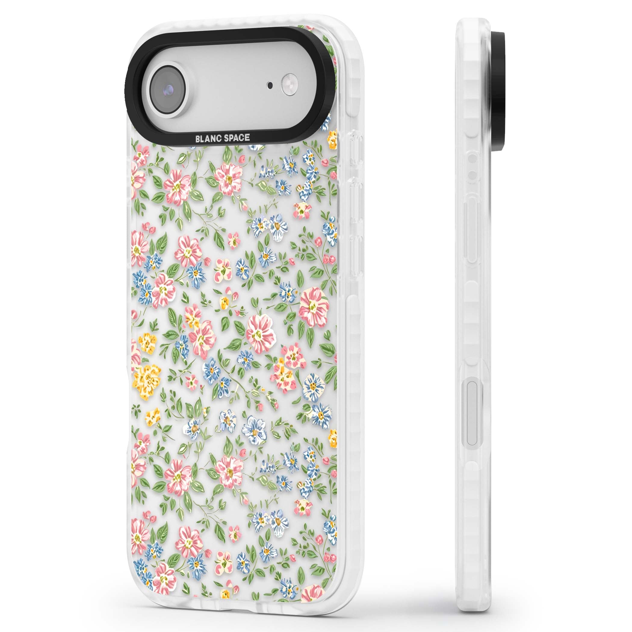 Soft Meadow cottagecore iPhone case featuring pink cosmos, blue forget-me-nots, yellow buttercups and green leaves sca | Black Impact case for iPhone Air