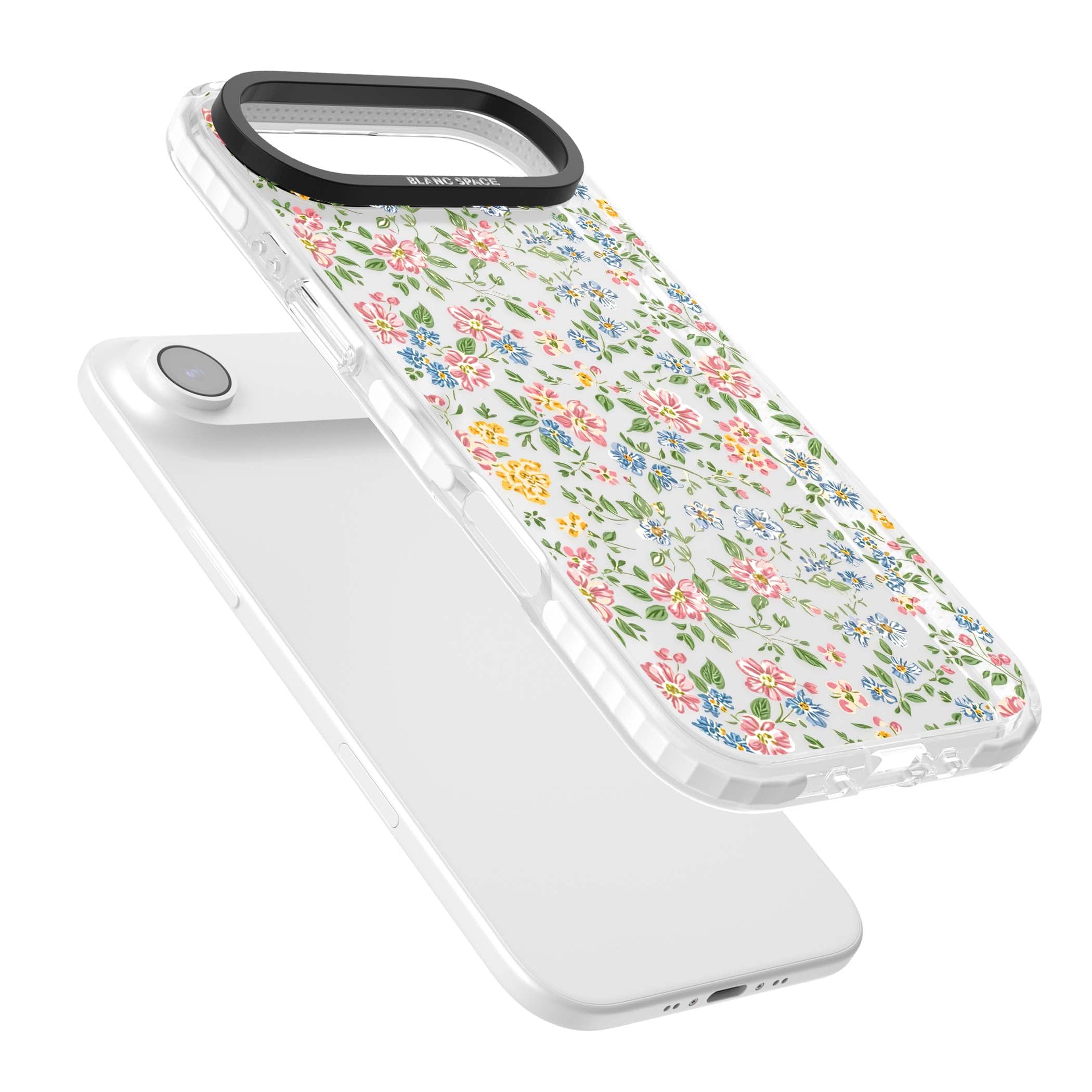 Soft Meadow cottagecore iPhone case featuring pink cosmos, blue forget-me-nots, yellow buttercups and green leaves sca | Black Impact case for iPhone Air