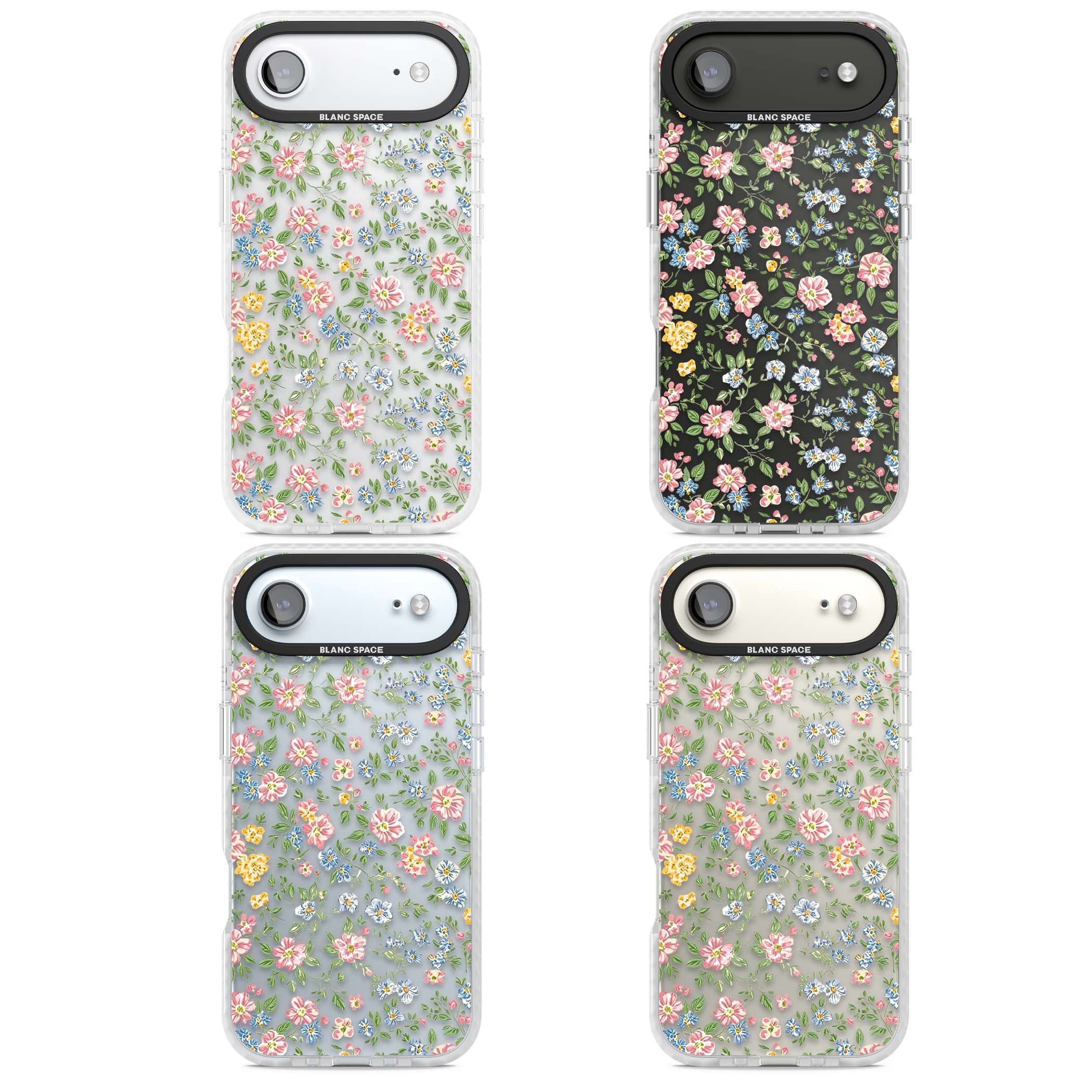 Soft Meadow cottagecore iPhone case featuring pink cosmos, blue forget-me-nots, yellow buttercups and green leaves sca | Black Impact case for iPhone Air