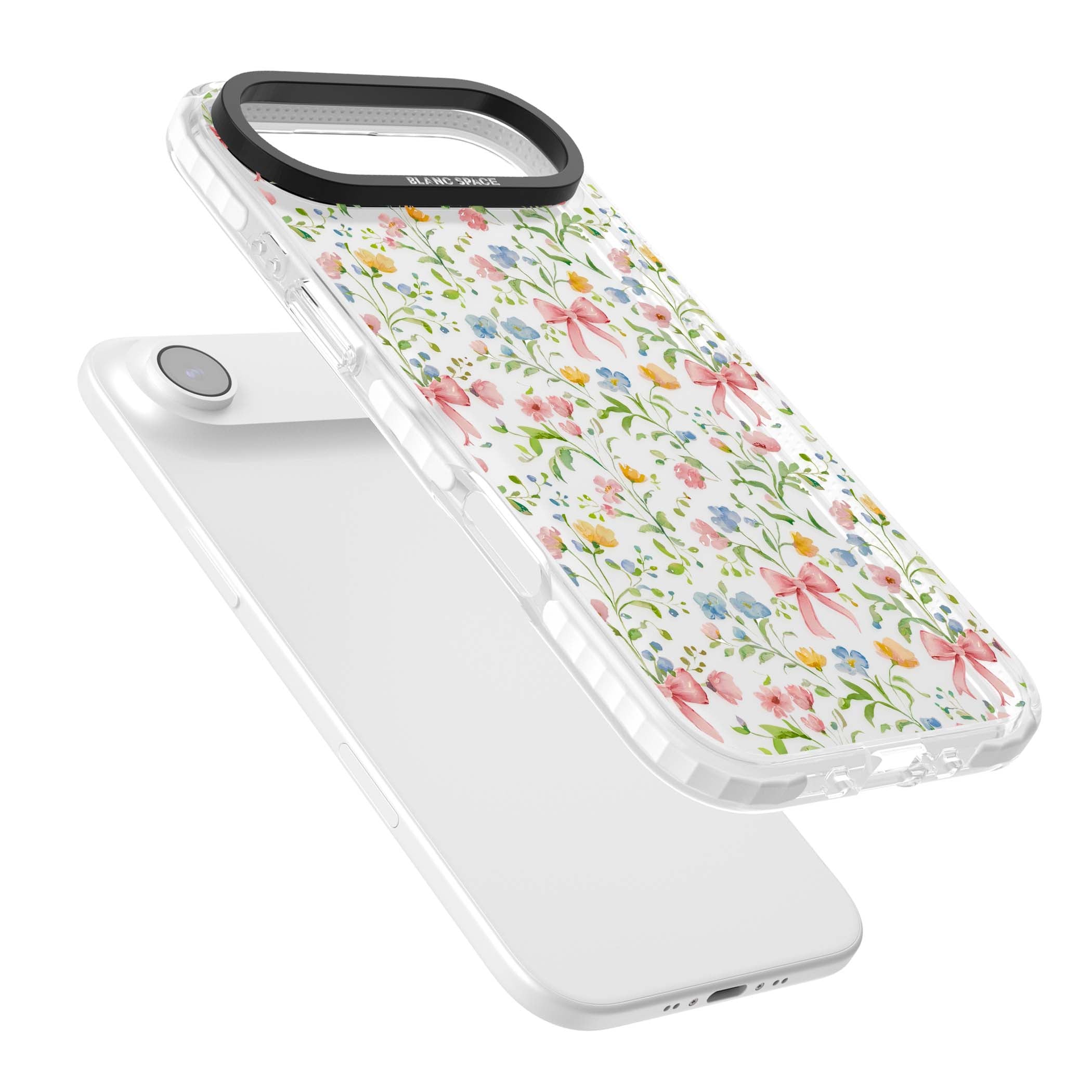 Ribbons & Wildflowers cottagecore iPhone case featuring watercolor wildflowers, pink satin bows, and delicate spring blooms o | Black Impact case for iPhone Air