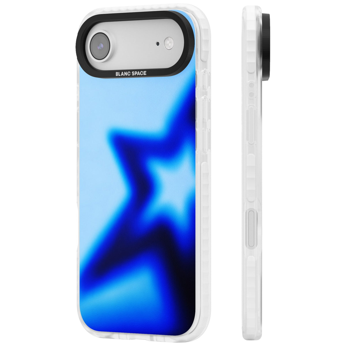 Electric Y2K iPhone case featuring a blurred blue aura star, deep cobalt glow and soft sky-blue gradient iPhone Air / iPhone 17 Air Impact Clear Phone Case side