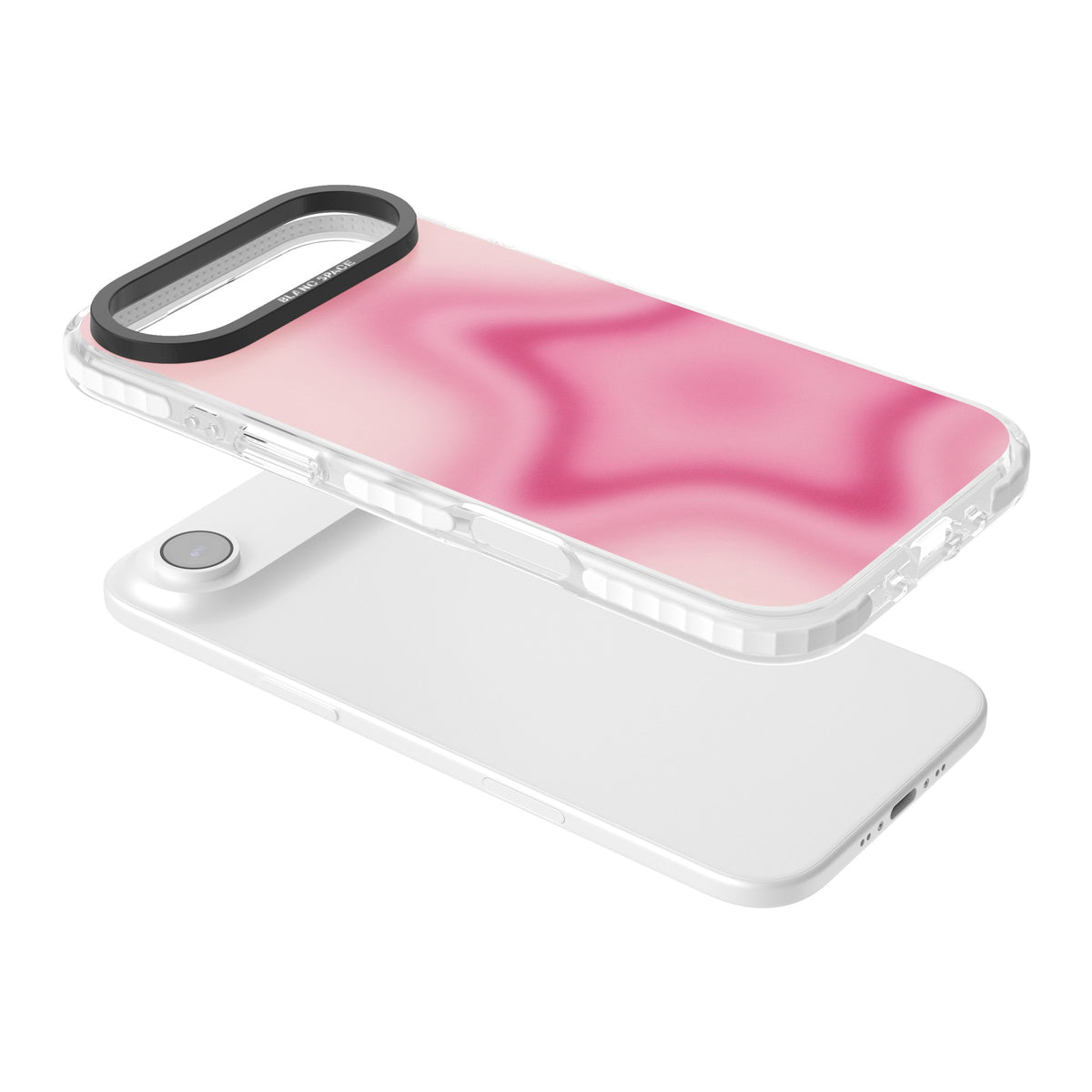 Blush pinkcore iPhone case featuring a blurred fuchsia aura star on a soft pink gradient iPhone Air / iPhone 17 Air Impact Clear Phone Case angled