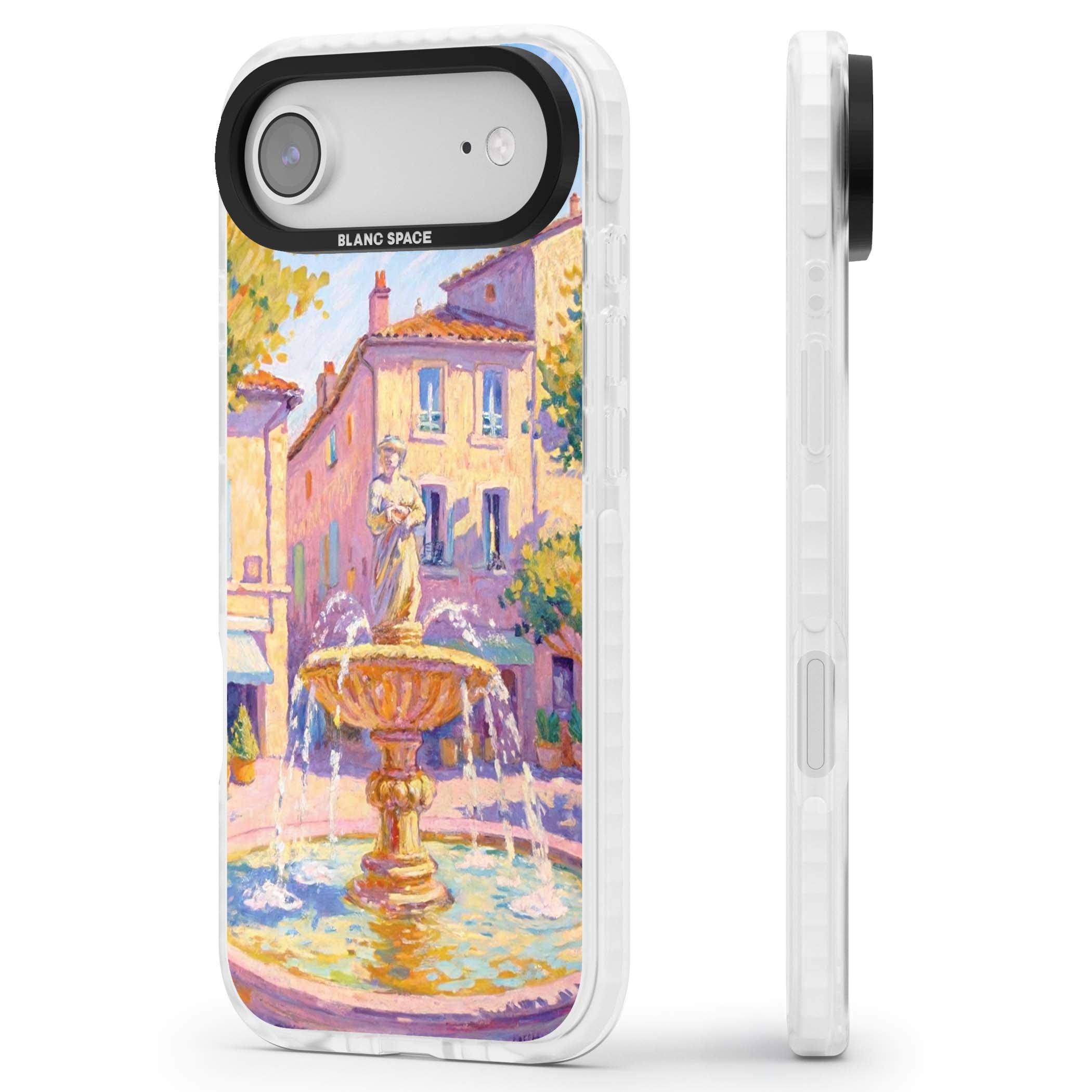 Fountain Square fine art iPhone case featuring an impressionist Provençal fountain, pastel village buildings and summe | Black Impact case for iPhone Air