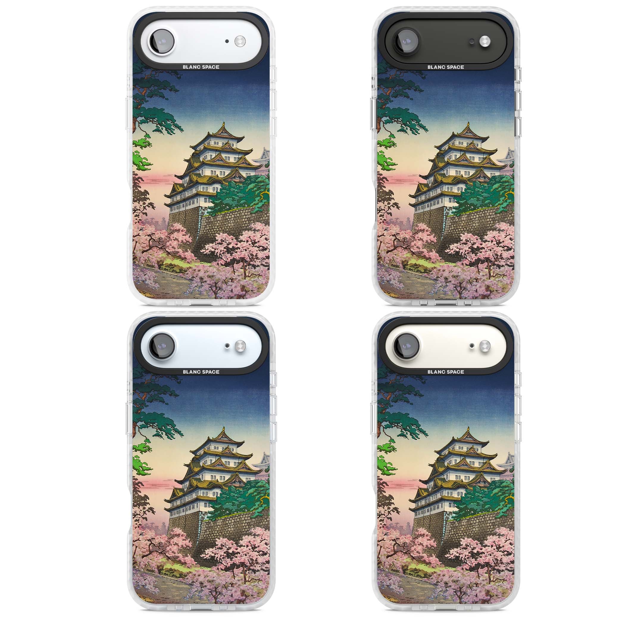 Nagoya Castle Japanese iPhone case featuring a vintage pagoda, twilight sky and cherry blossom trees | Black Impact case for iPhone Air