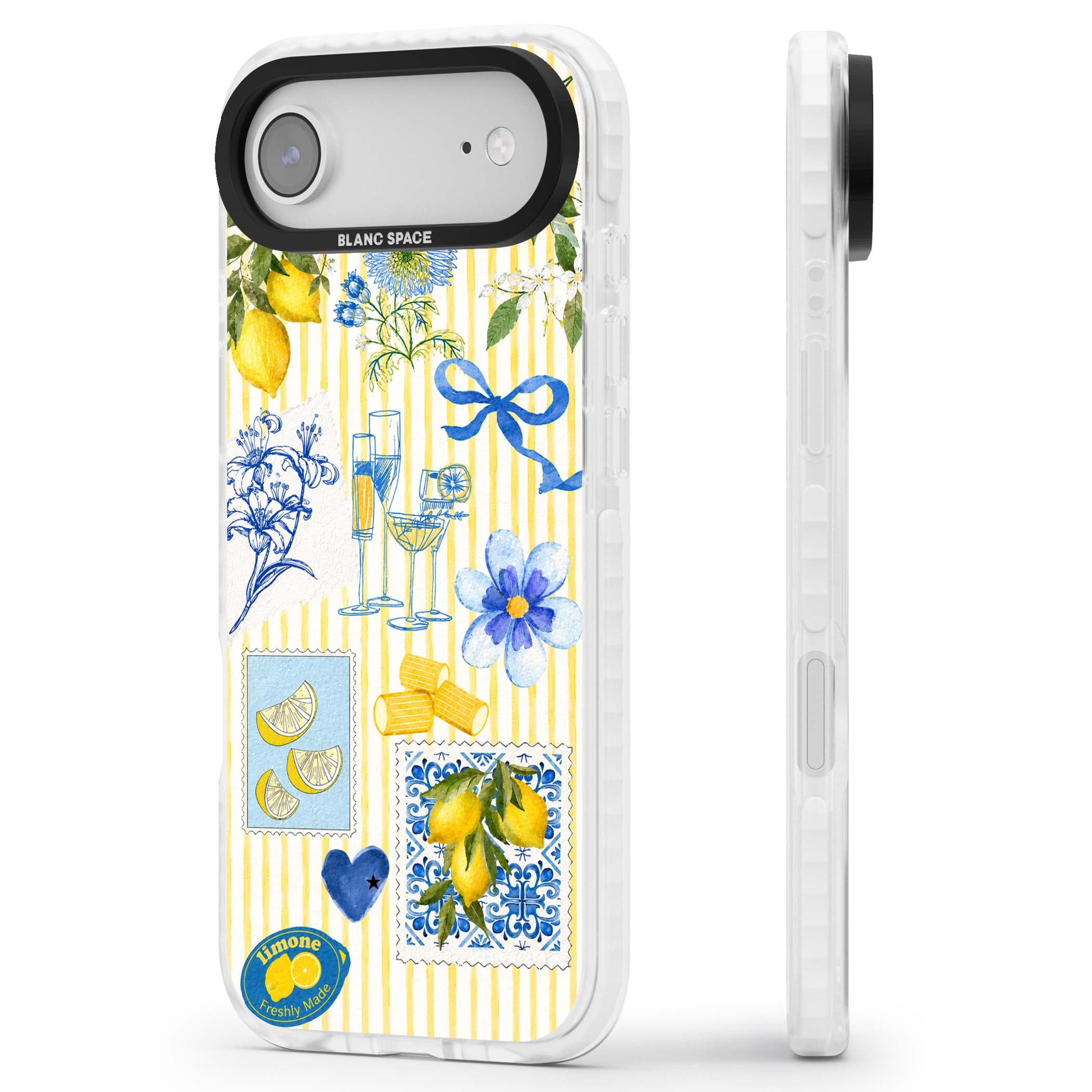 Limone Riviera Italian summer iPhone case featuring watercolour lemons, blue ribbon bows and majolica tile stamps on... | Black Impact case for iPhone Air