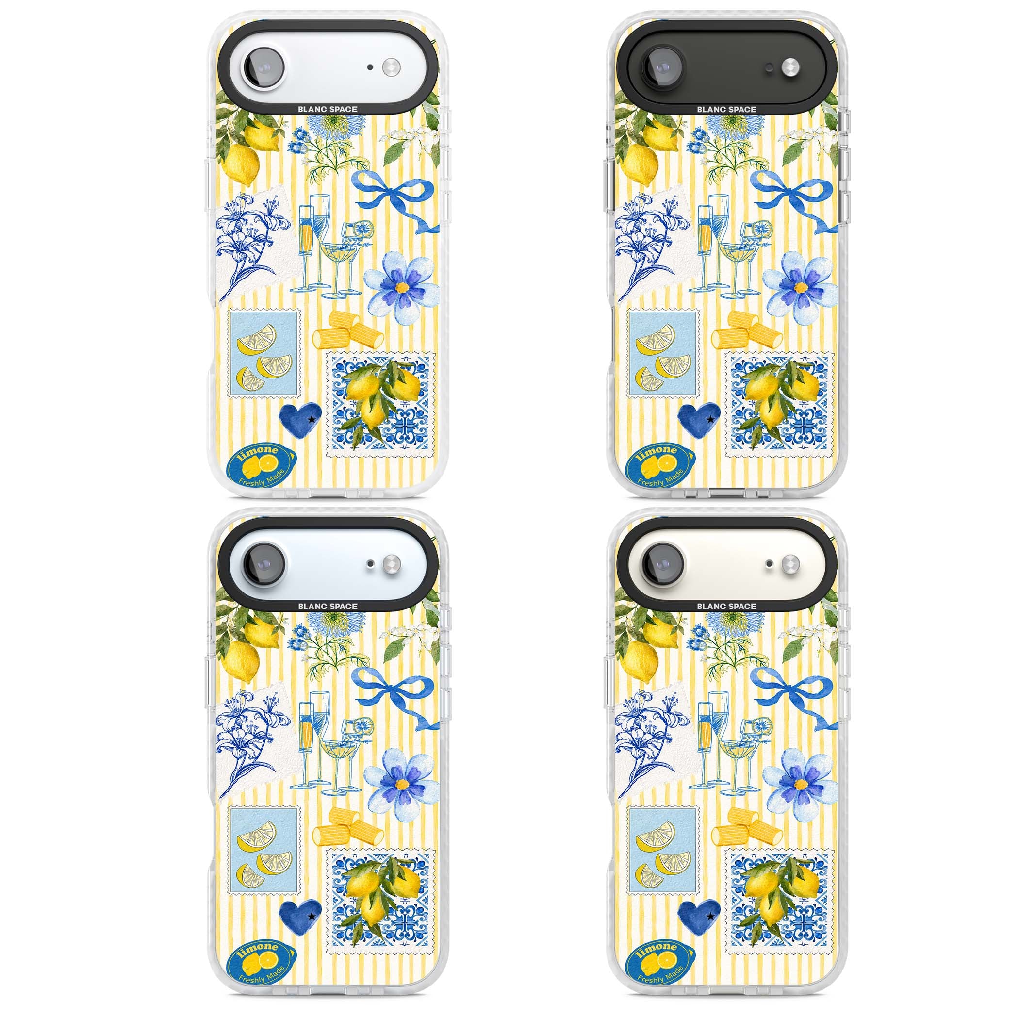 Limone Riviera Italian summer iPhone case featuring watercolour lemons, blue ribbon bows and majolica tile stamps on... | Black Impact case for iPhone Air