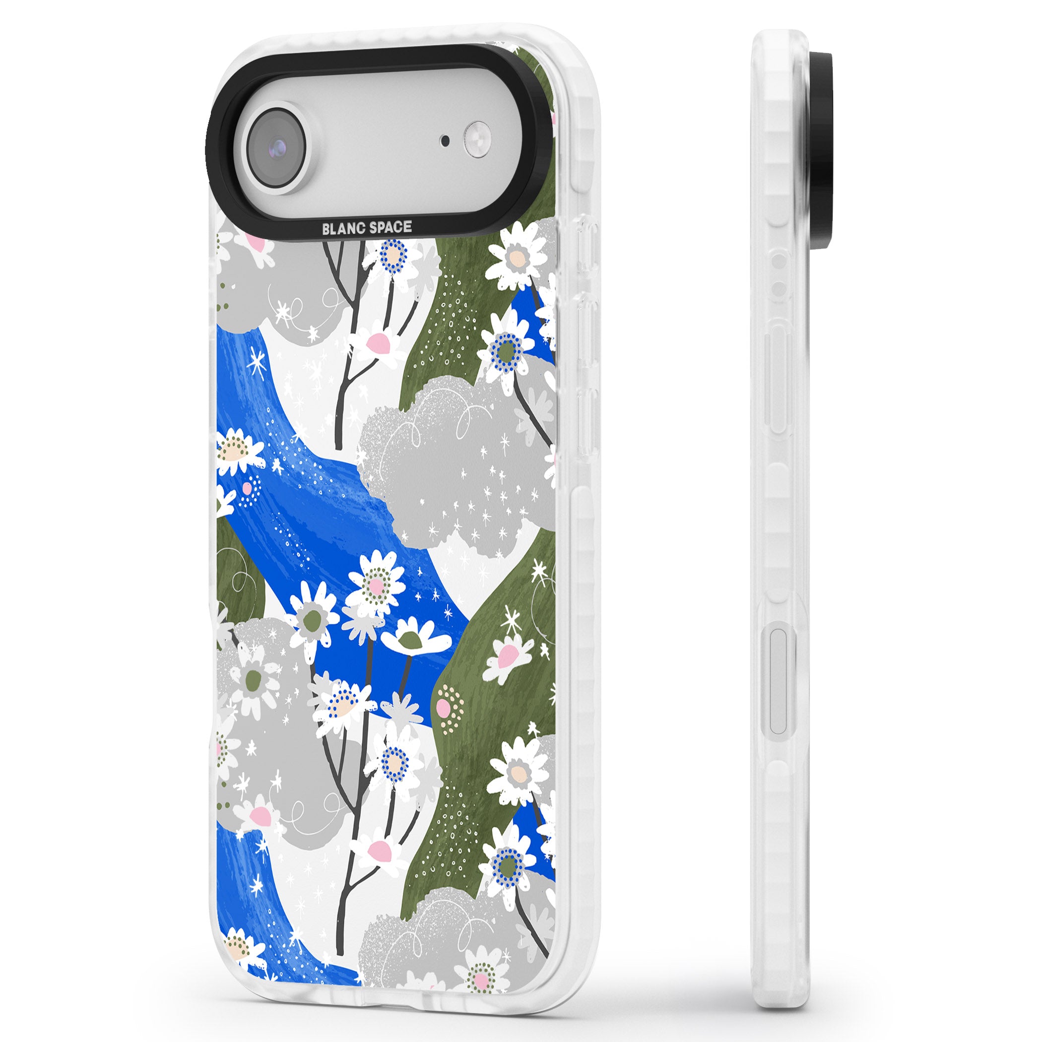 Blue & Grey Daisies Pattern iPhone 17 Air Impact Pro Clear Phone Case Side Profile