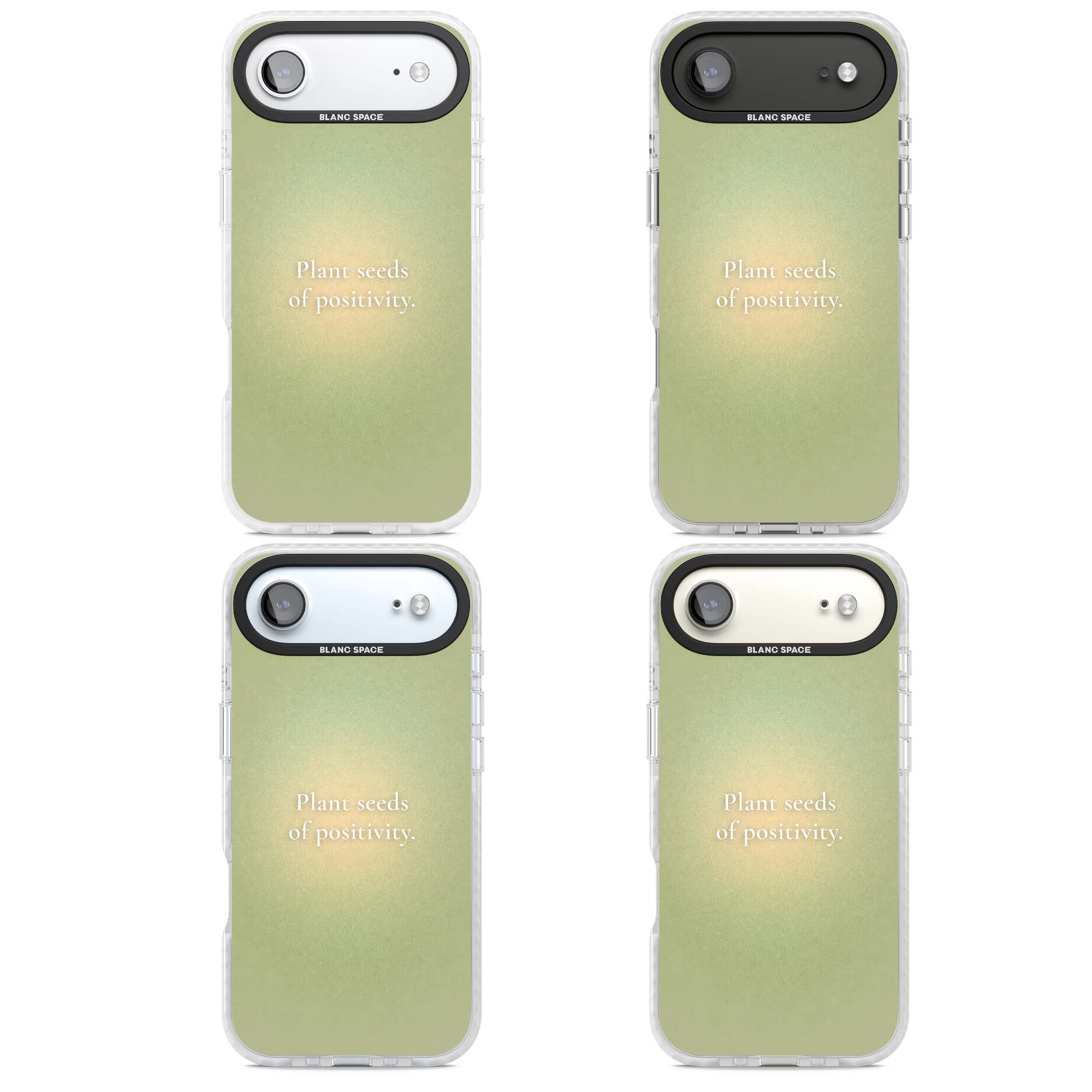 Seeds of Positivity quote iPhone case featuring a sage green aura gradient and golden glow affirmation | Impact Magsafe case for iPhone Air
