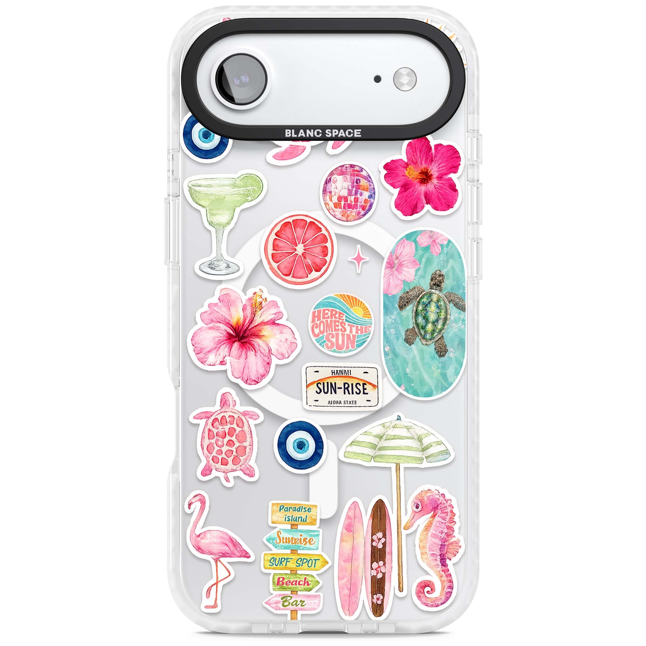 Aloha Sticker Mix tropical summer iPhone case featuring pink hibiscus, sea turtles, flamingo and beach umbrella stickers | Impact Magsafe case for iPhone Air